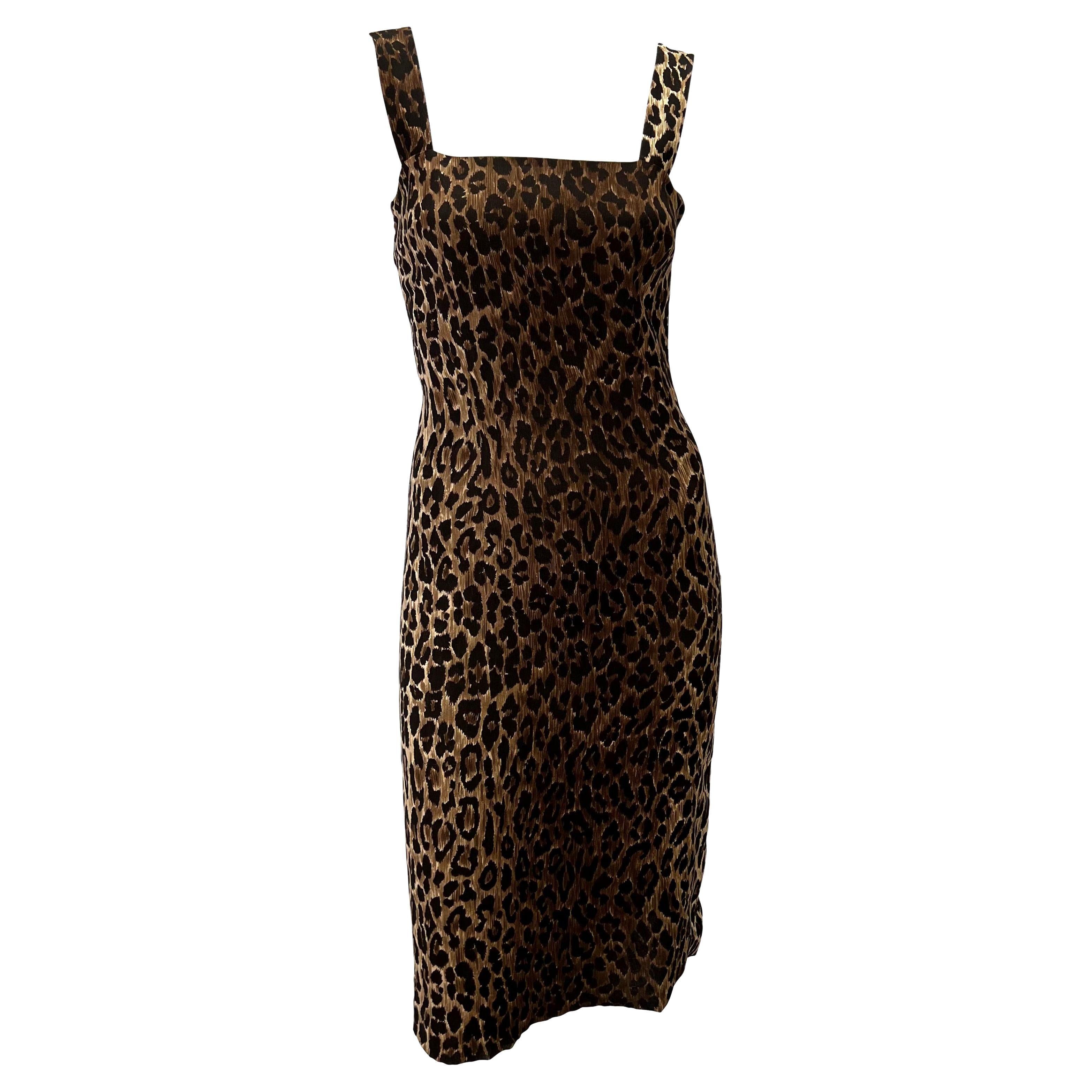 S/S 1997 Dolce & Gabbana Cheetah Print Silk Sleeveless Bodycon Pin-Up Dress For Sale