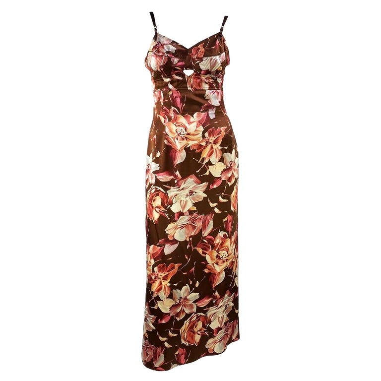S/S 1997 Dolce & Gabbana Floral Brown Silk Bustier Strap Pin-Up Dress