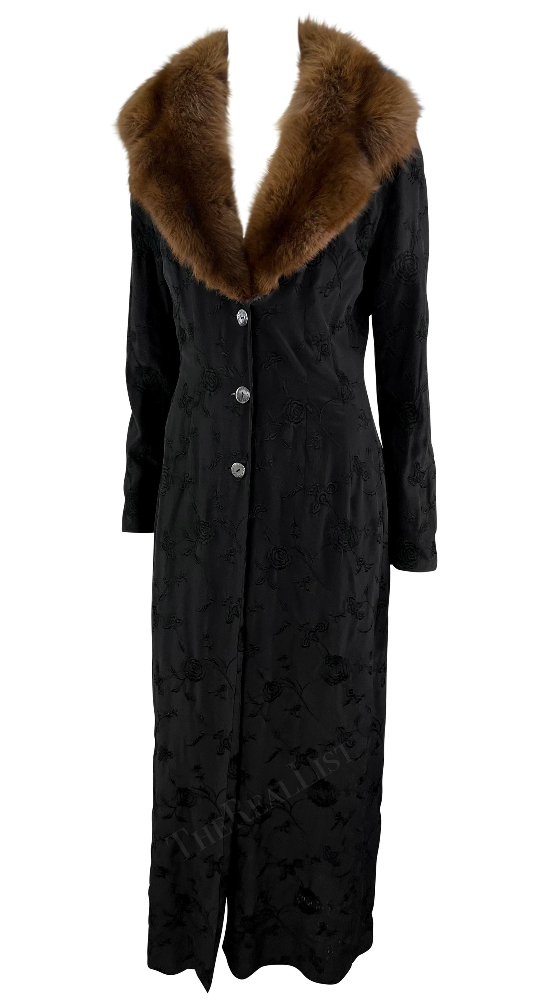 S/S 1997 Dolce & Gabbana Floral Embroidery Black Silk Sable Mink Trim Coat Dress In Excellent Condition For Sale In West Hollywood, CA