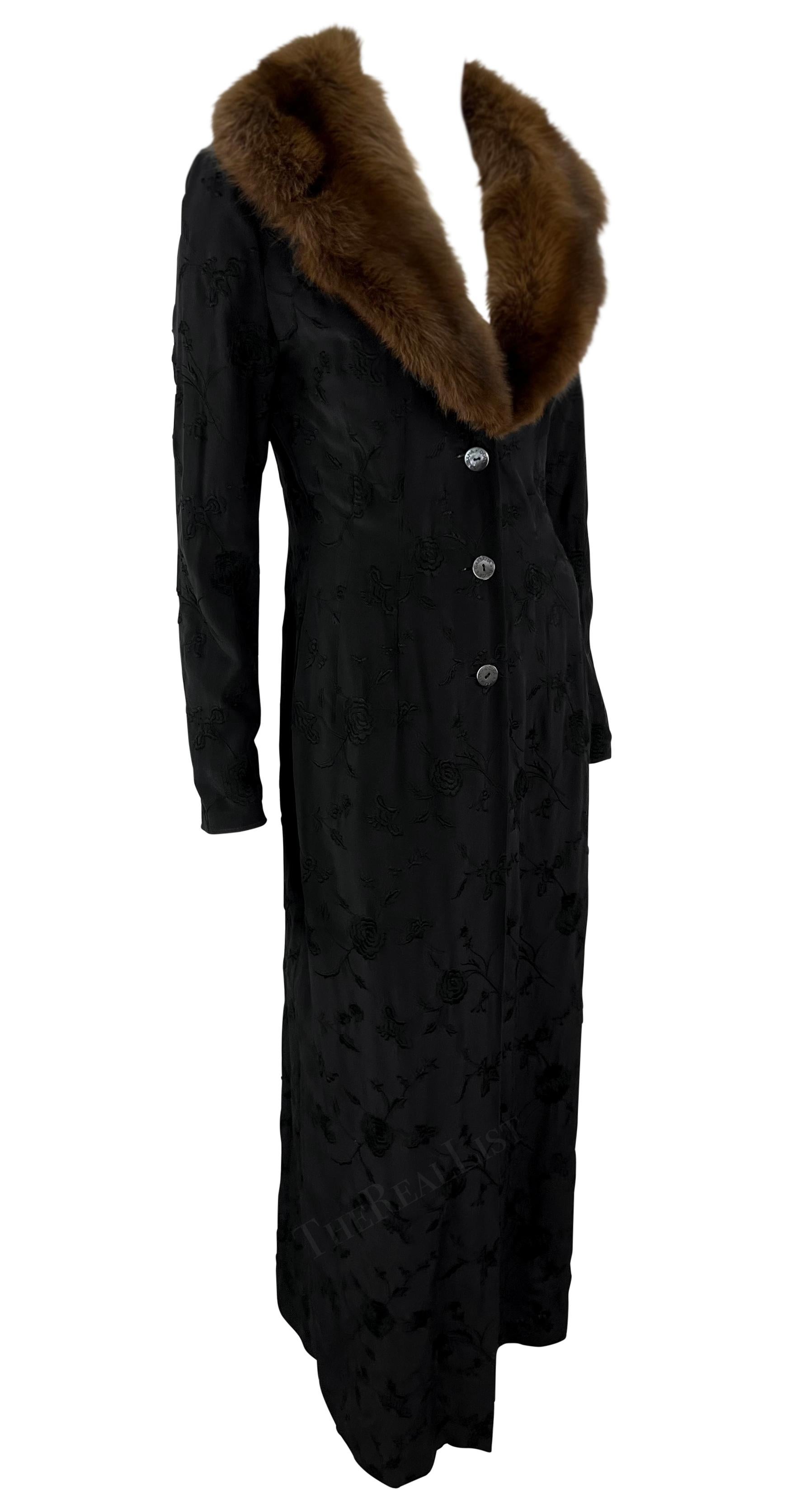S/S 1997 Dolce & Gabbana Floral Embroidery Black Silk Sable Mink Trim Coat Dress For Sale 2