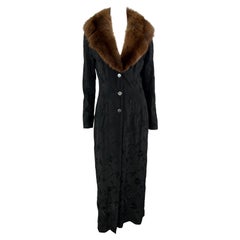 S/S 1997 Dolce & Gabbana Floral Embroidery Black Silk Sable Mink Trim Coat Dress