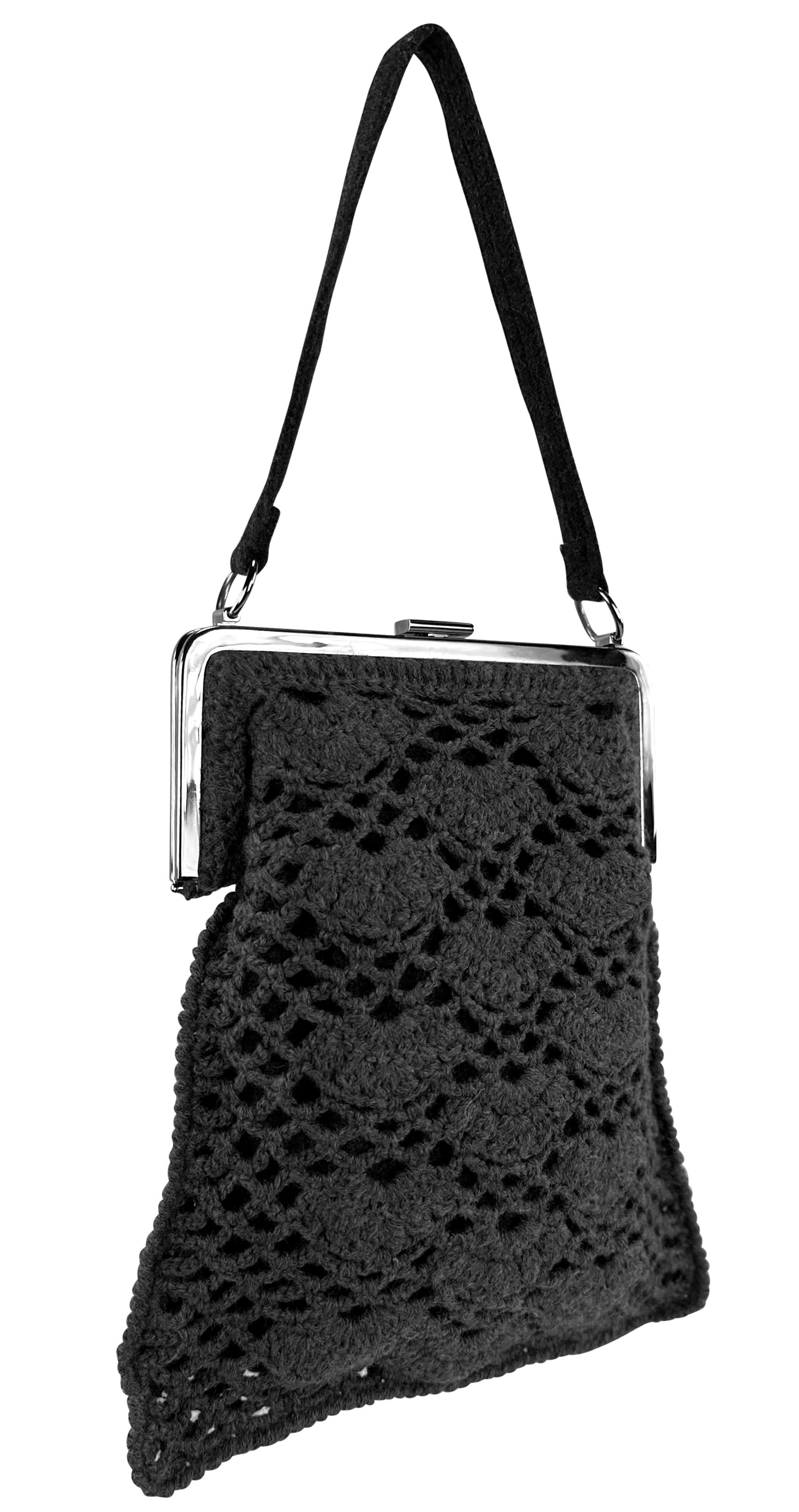 S/S 1997 Dolce & Gabbana Grey Crochet Knit Silver Frame Evening Bag For Sale 4