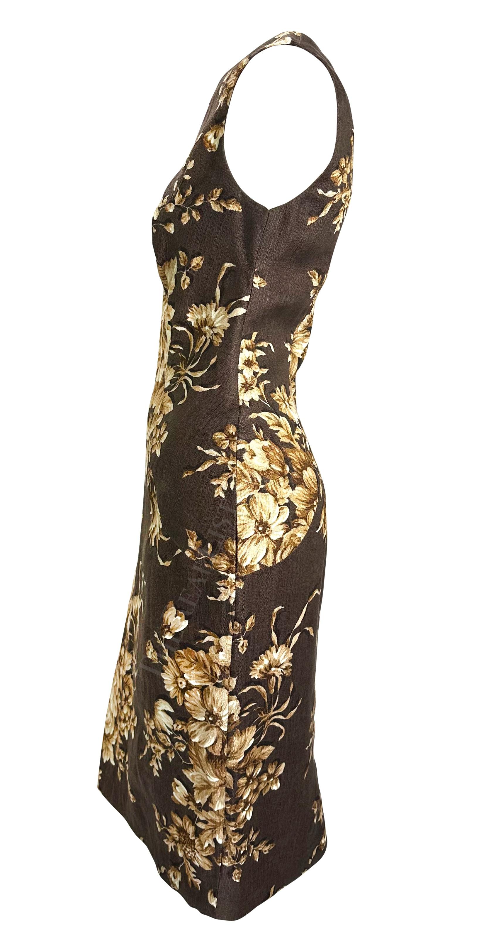 S/S 1997 Dolce & Gabbana Runway Brown Beige Robe sans manches à fleurs Pour femmes en vente