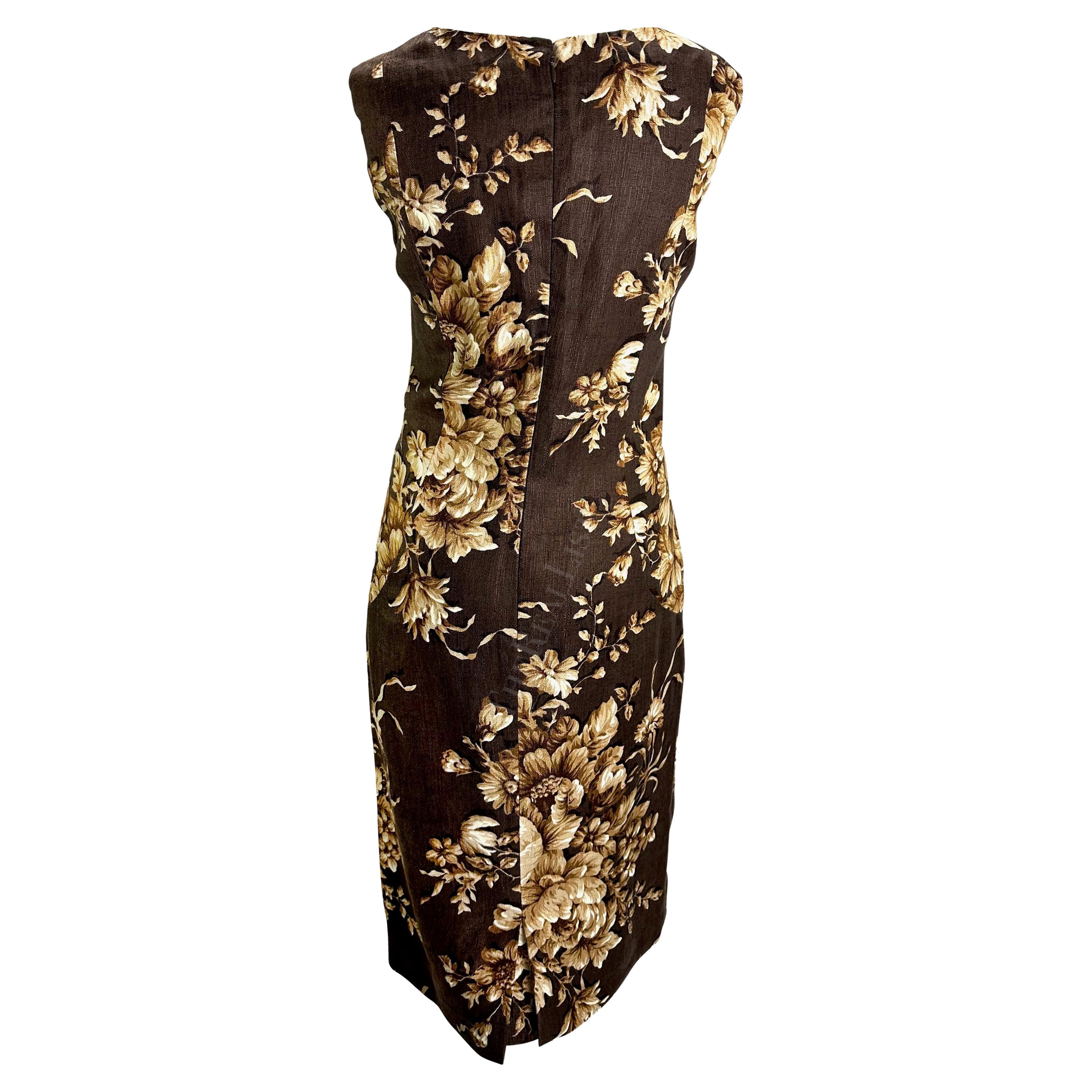 S/S 1997 Dolce & Gabbana Runway Brown Beige Floral Sleeveless Dress For Sale 1