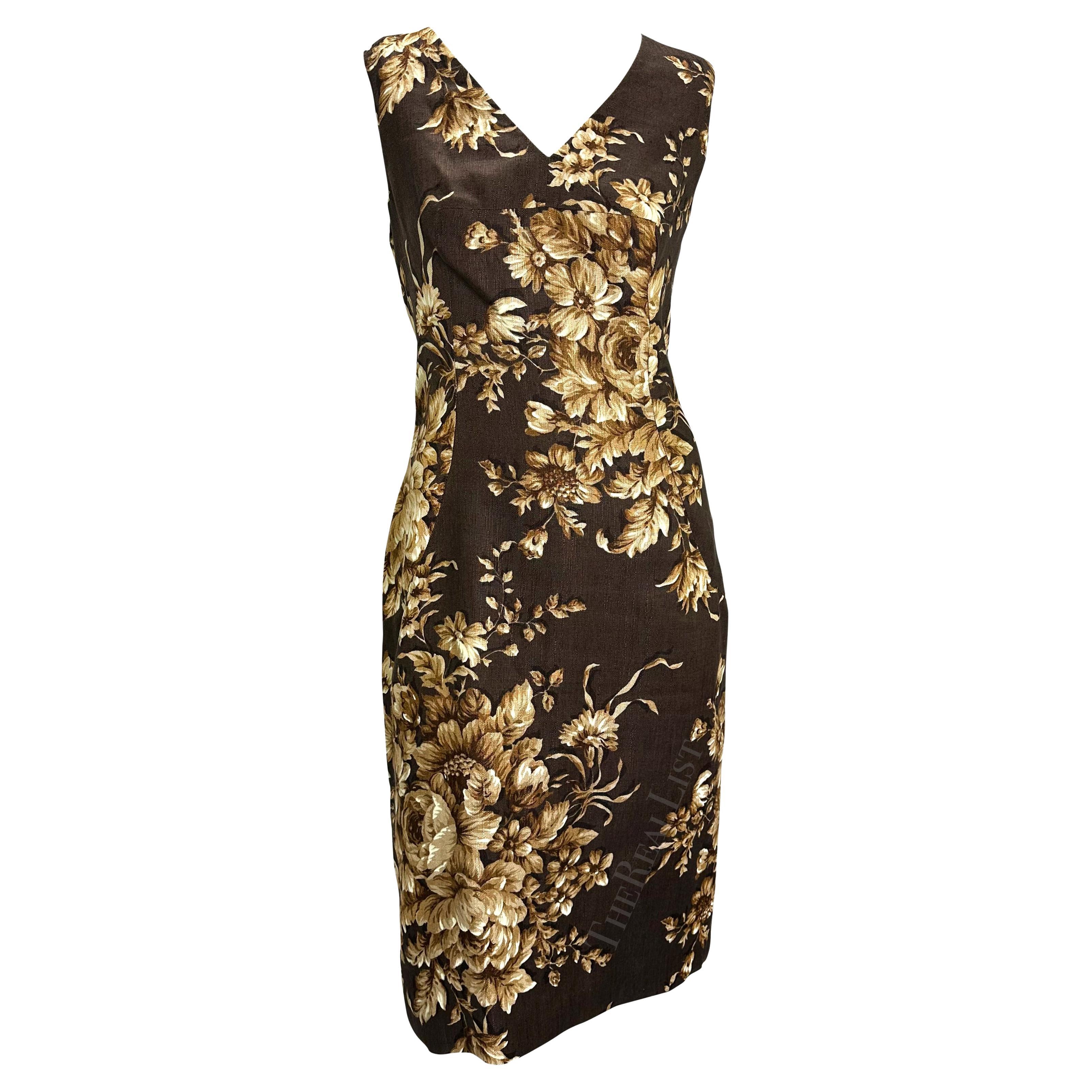 S/S 1997 Dolce & Gabbana Runway Brown Beige Floral Sleeveless Dress For Sale