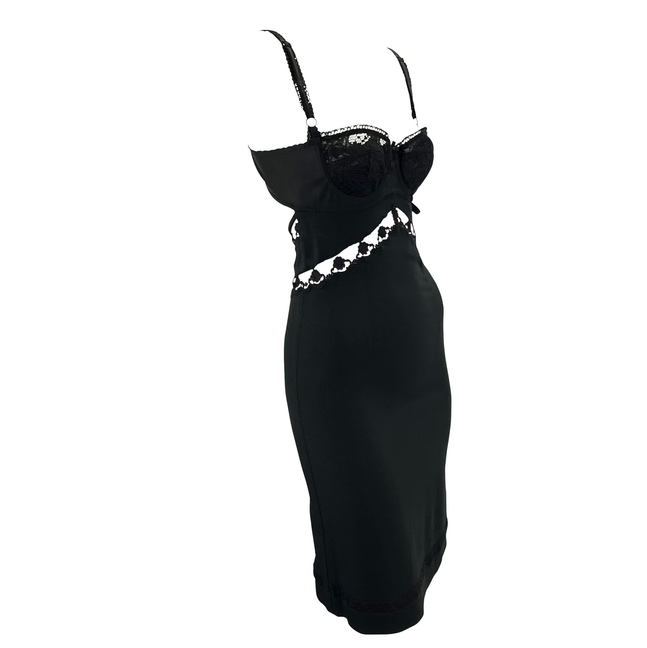 S/S 1997 Dolce & Gabbana Sheer Black Lace Bustier Stretch Cutout Slip Dress In Excellent Condition For Sale In West Hollywood, CA