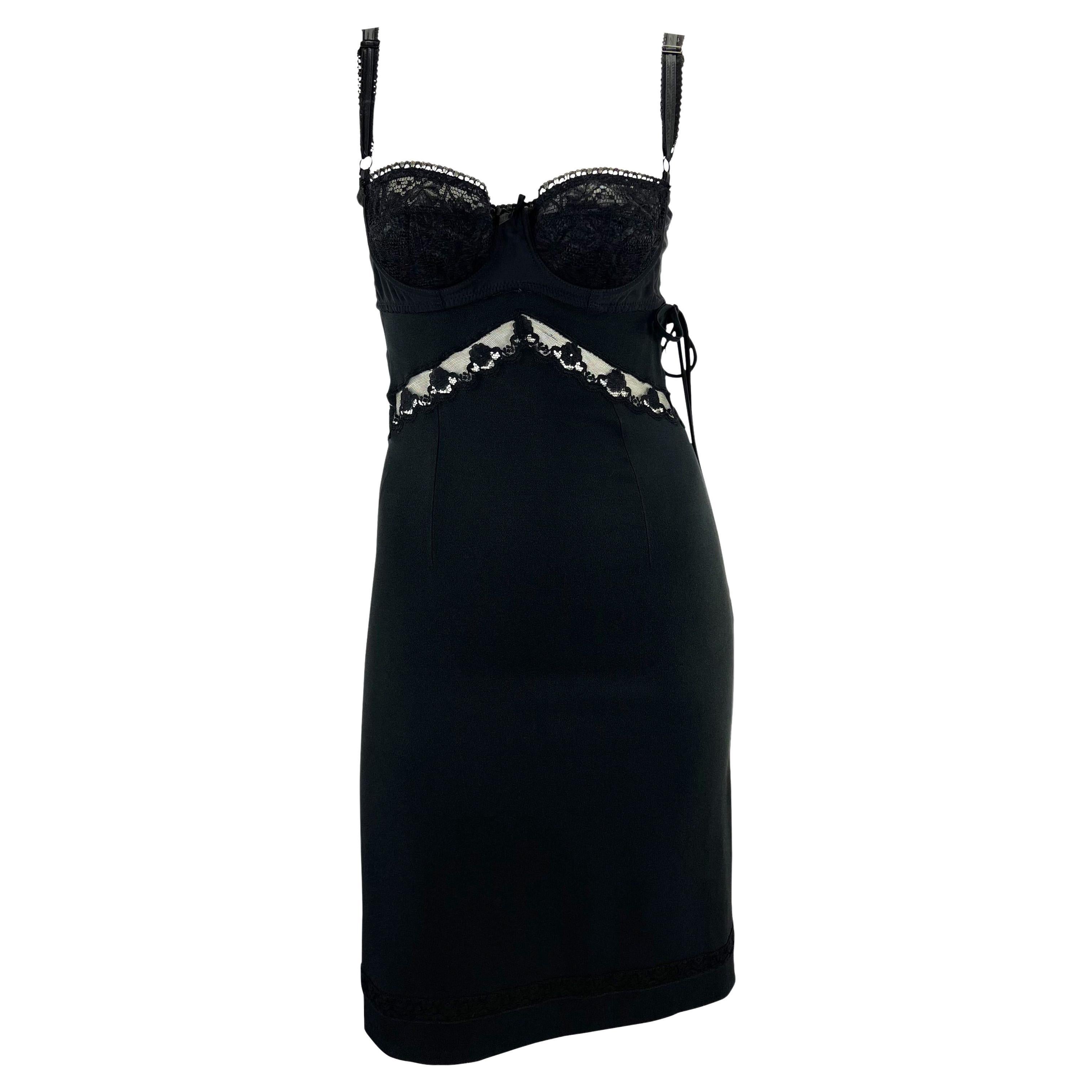 S/S 1997 Dolce & Gabbana Sheer Black Lace Bustier Stretch Cutout Slip Dress For Sale
