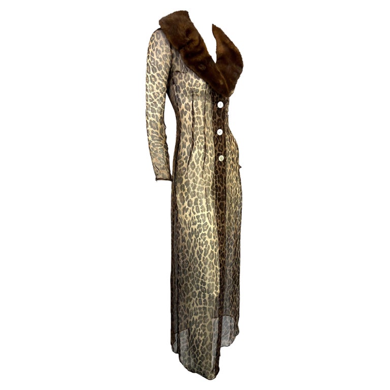 Brown S/S 1997 Dolce & Gabbana Sheer Cheetah Print Full-Length Cardigan Dress Fur For Sale