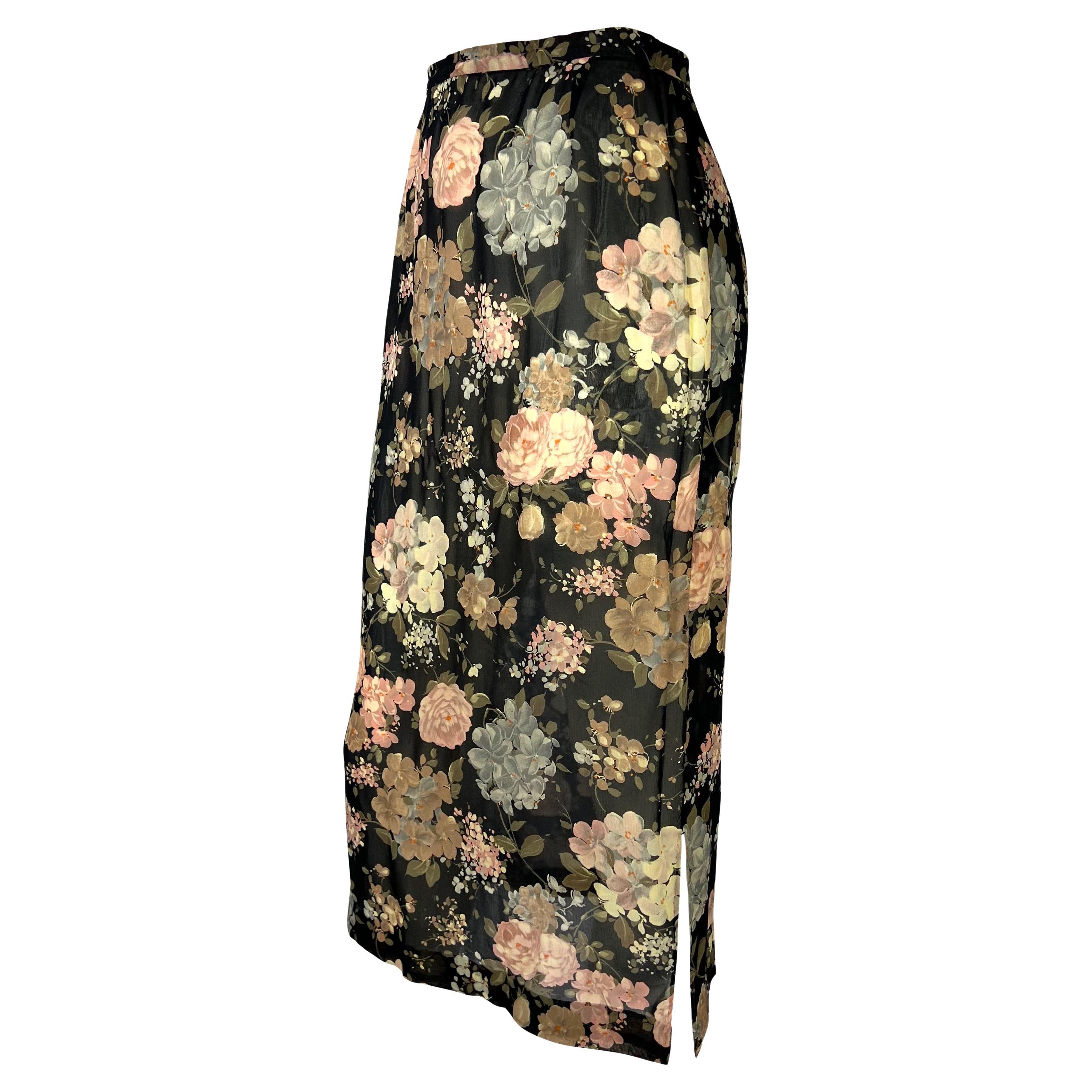 Presenting a sheer floral pencil skirt designed by Dolce & Gabbana for their Spring/Summer 1997 collection. Similar sheer florals were heavily used in the season's runway presentation. With two slits at either side of the hemline, this skirt is