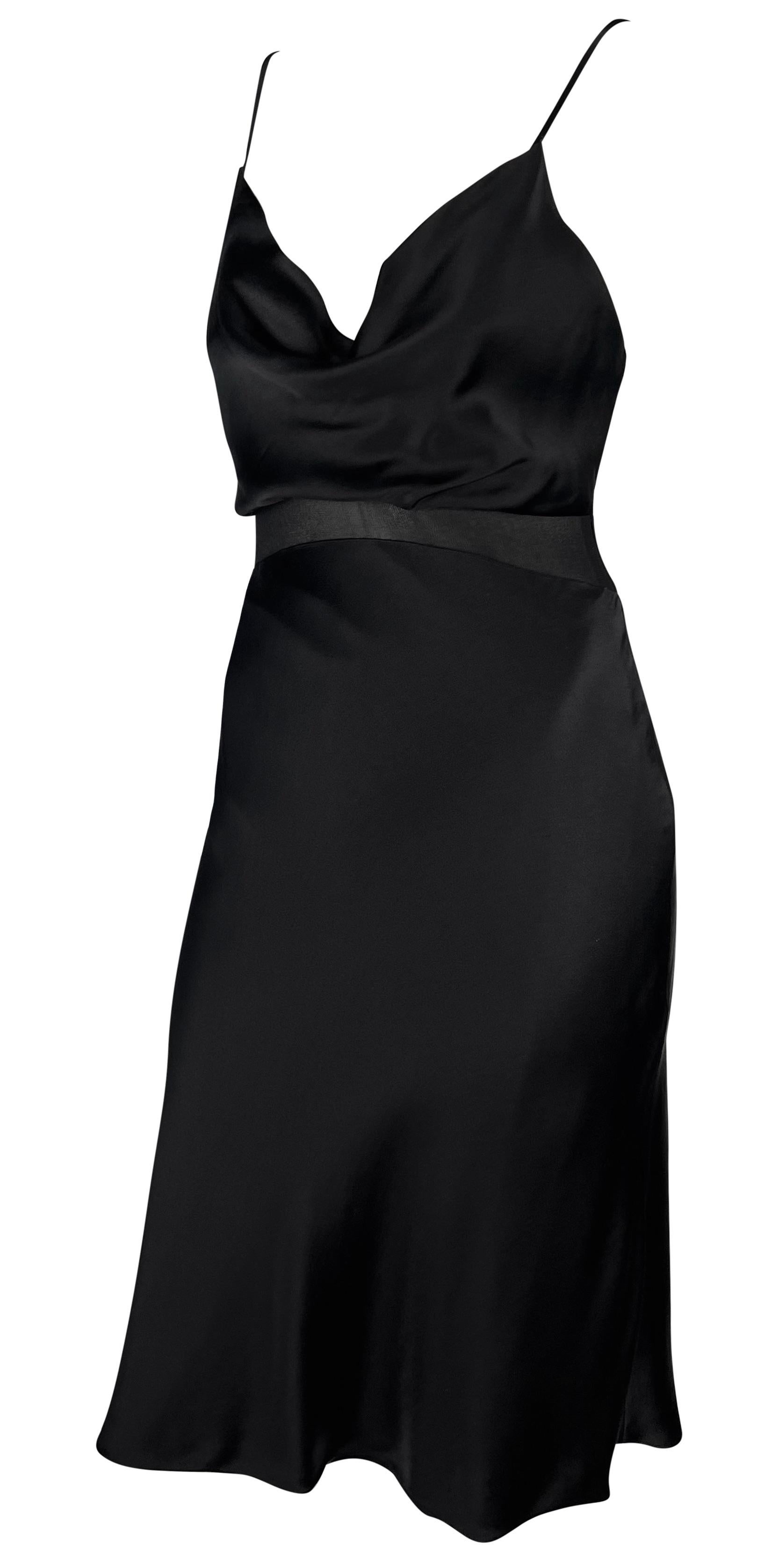 S/S 1997 Gianni Versace Noir Satin Cowl Neck Sheer Waist Flare Midi Dress Excellent état - En vente à West Hollywood, CA