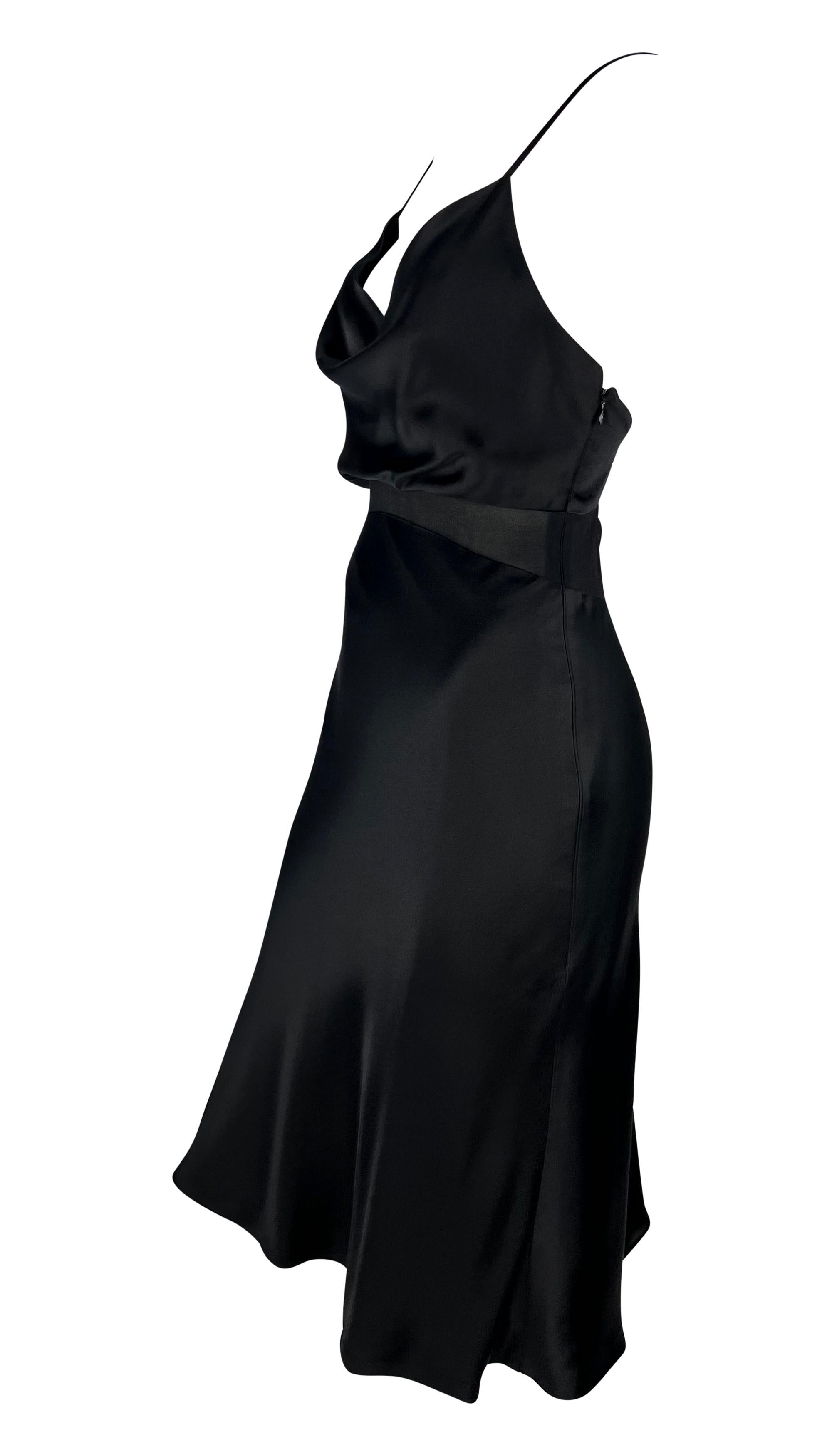 Women's S/S 1997 Gianni Versace Black Satin Cowl Neck Sheer Waist Flare Midi Dress For Sale