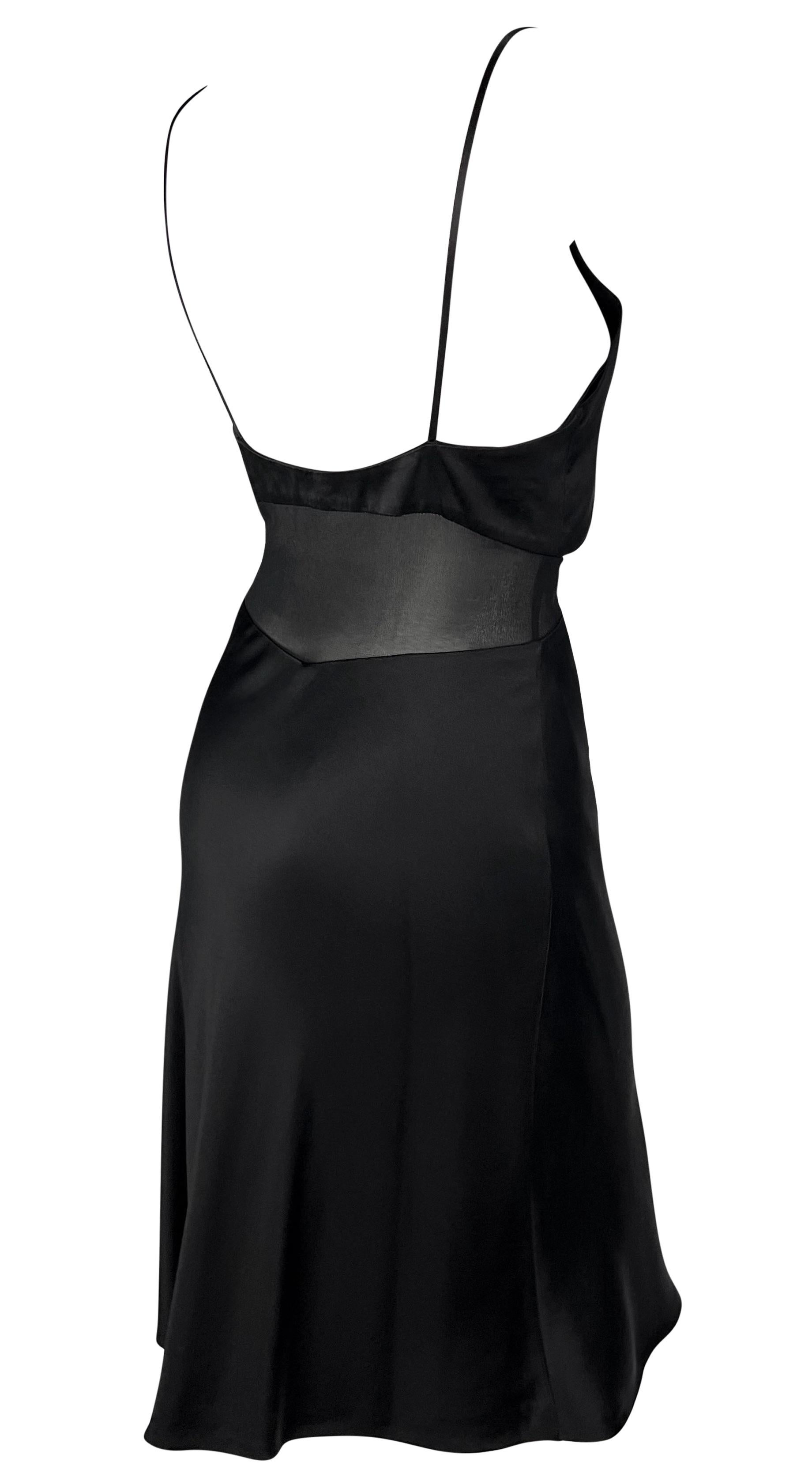 S/S 1997 Gianni Versace Black Satin Cowl Neck Sheer Waist Flare Midi Dress For Sale 2