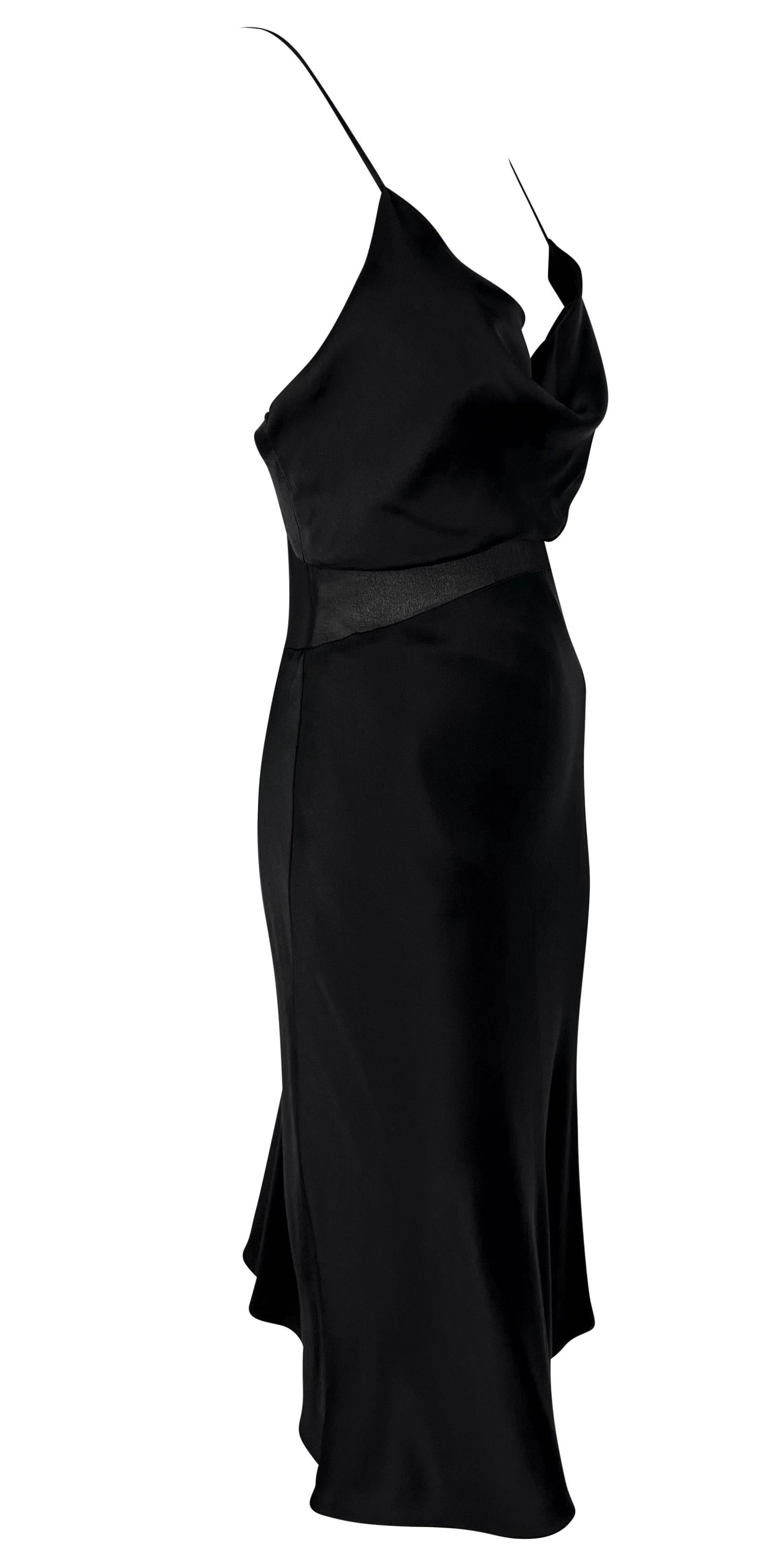 S/S 1997 Gianni Versace Black Satin Cowl Neck Sheer Waist Flare Midi Dress For Sale 3