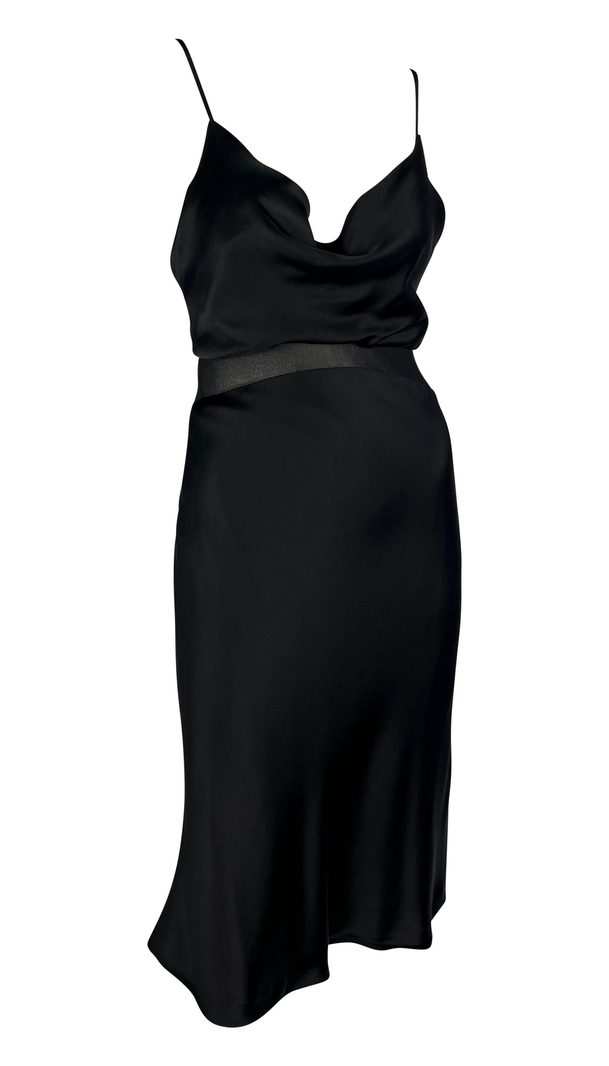 S/S 1997 Gianni Versace Black Satin Cowl Neck Sheer Waist Flare Midi Dress For Sale 4