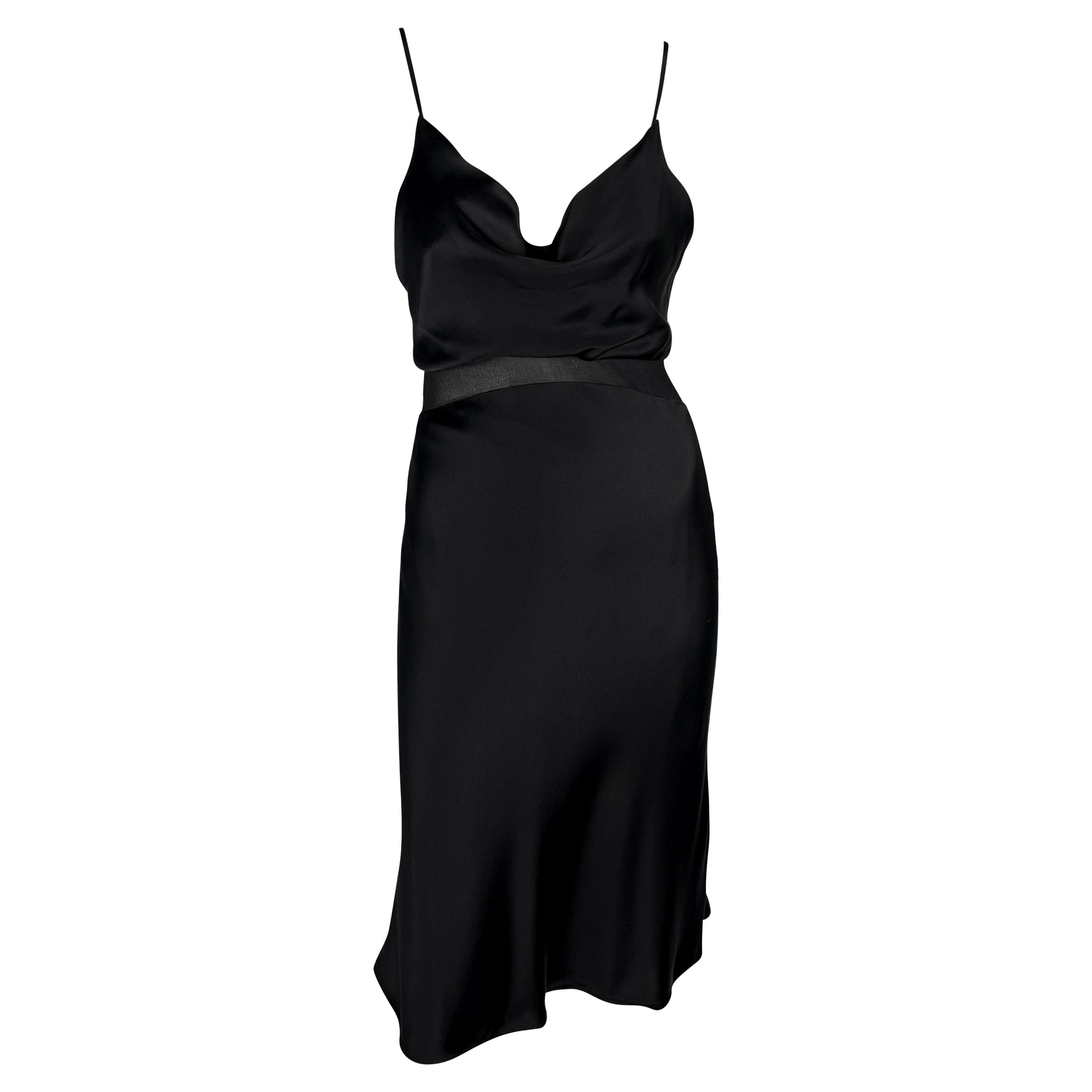 S/S 1997 Gianni Versace Black Satin Cowl Neck Sheer Waist Flare Midi Dress For Sale