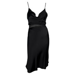 Used S/S 1997 Gianni Versace Black Satin Cowl Neck Sheer Waist Flare Midi Dress
