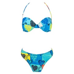 S/S 1997 Gianni Versace Blue Pop Art Heart Print 3-Piece Bikini Sarong Skirt Set