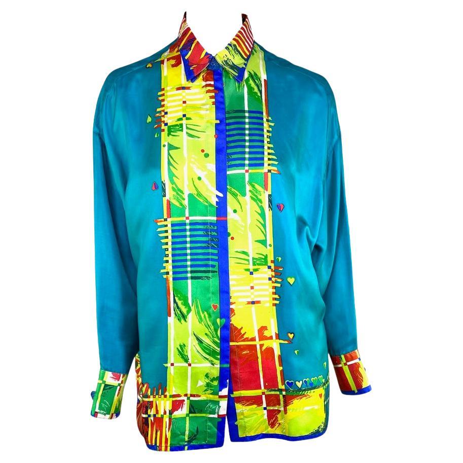 S/S 1997 Gianni Versace Couture Blue Silk Pop Art Heart Medusa Button Top  For Sale at 1stDibs