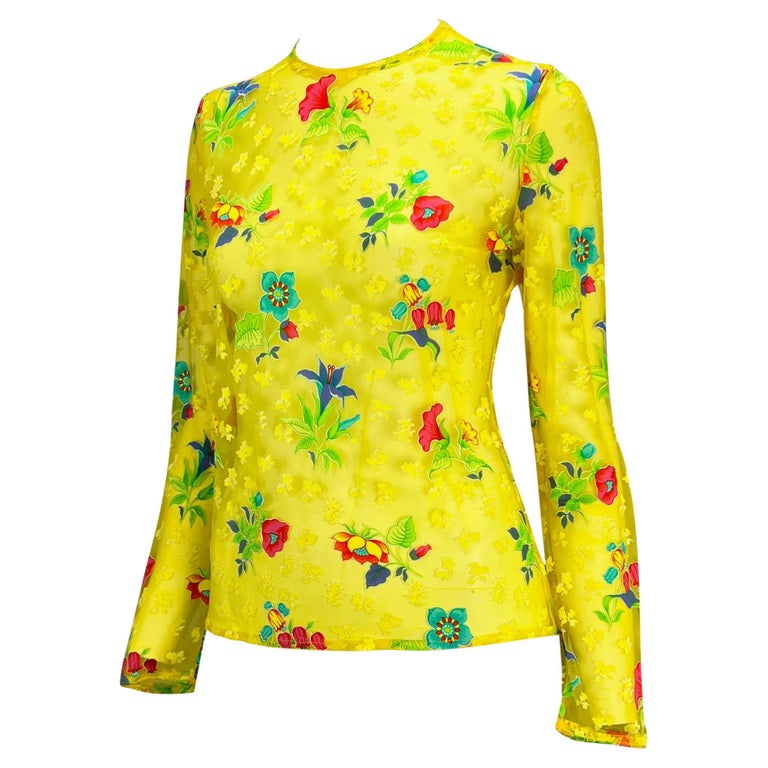 Women's S/S 1997 Gianni Versace Couture Runway Ad Campaign Sheer Yellow Floral Top For Sale