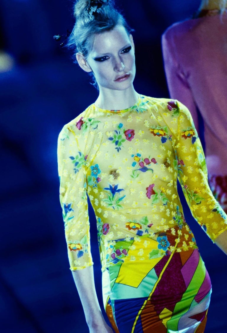 S/S 1997 Gianni Versace Couture Runway Ad Campaign Sheer Yellow Floral Top For Sale 3