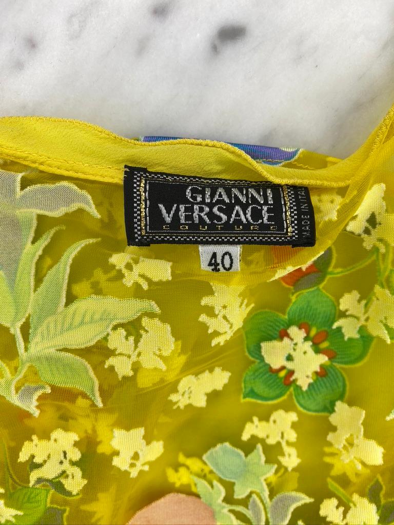 S/S 1997 Gianni Versace Couture Runway Sheer Yellow Floral Button Plunge Top 5