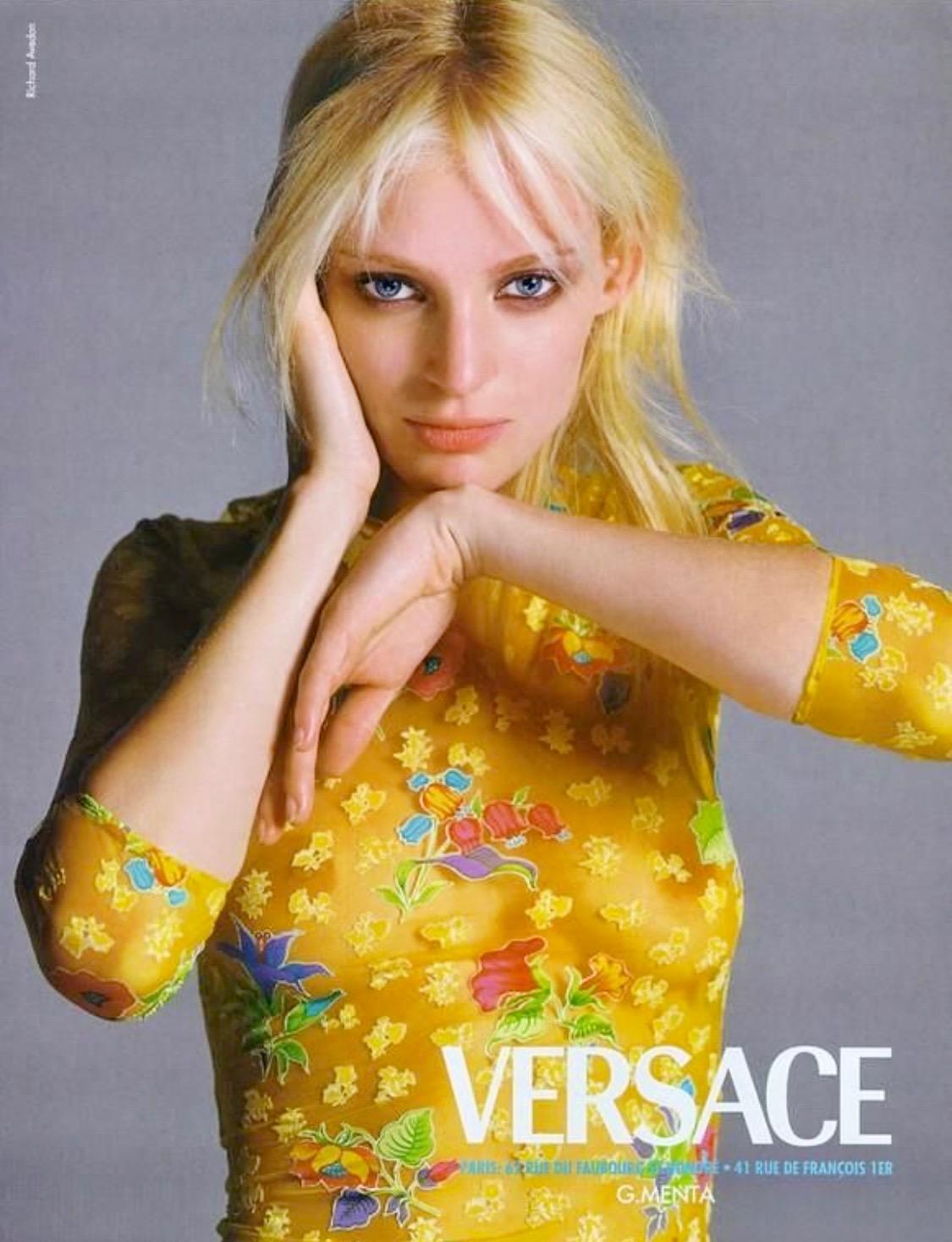S/S 1997 Gianni Versace Couture Runway Sheer Yellow Floral Button Plunge Top In Good Condition In West Hollywood, CA