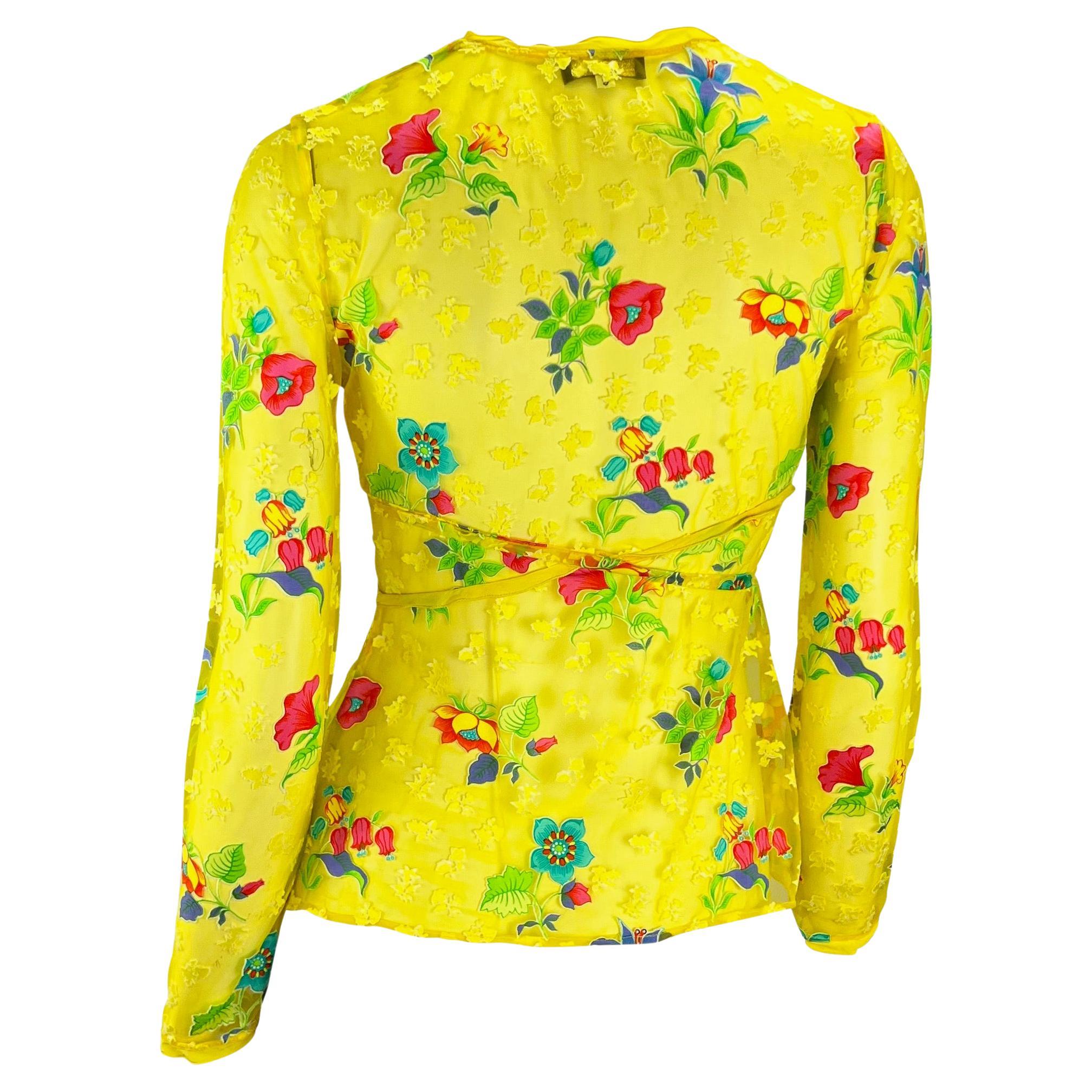 S/S 1997 Gianni Versace Couture Runway Sheer Yellow Floral Button Plunge Top 2