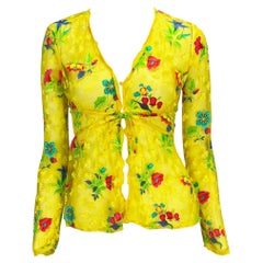 S/S 1997 Gianni Versace Couture Runway Sheer Yellow Floral Button Plunge Top