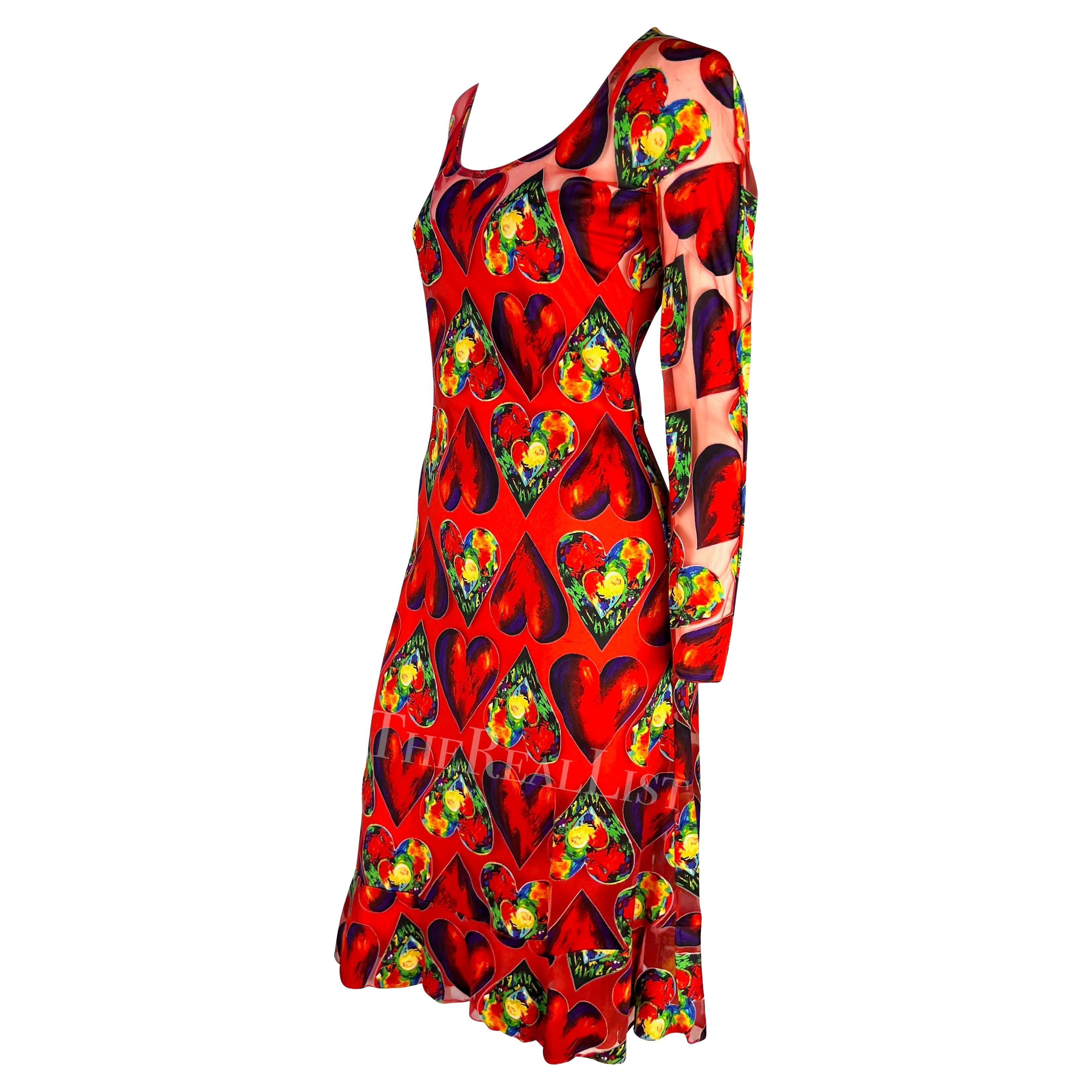 S/S 1997 Gianni Versace Runway Red Sheer Heart Print Bodycon Dress Slip Set In Excellent Condition For Sale In West Hollywood, CA