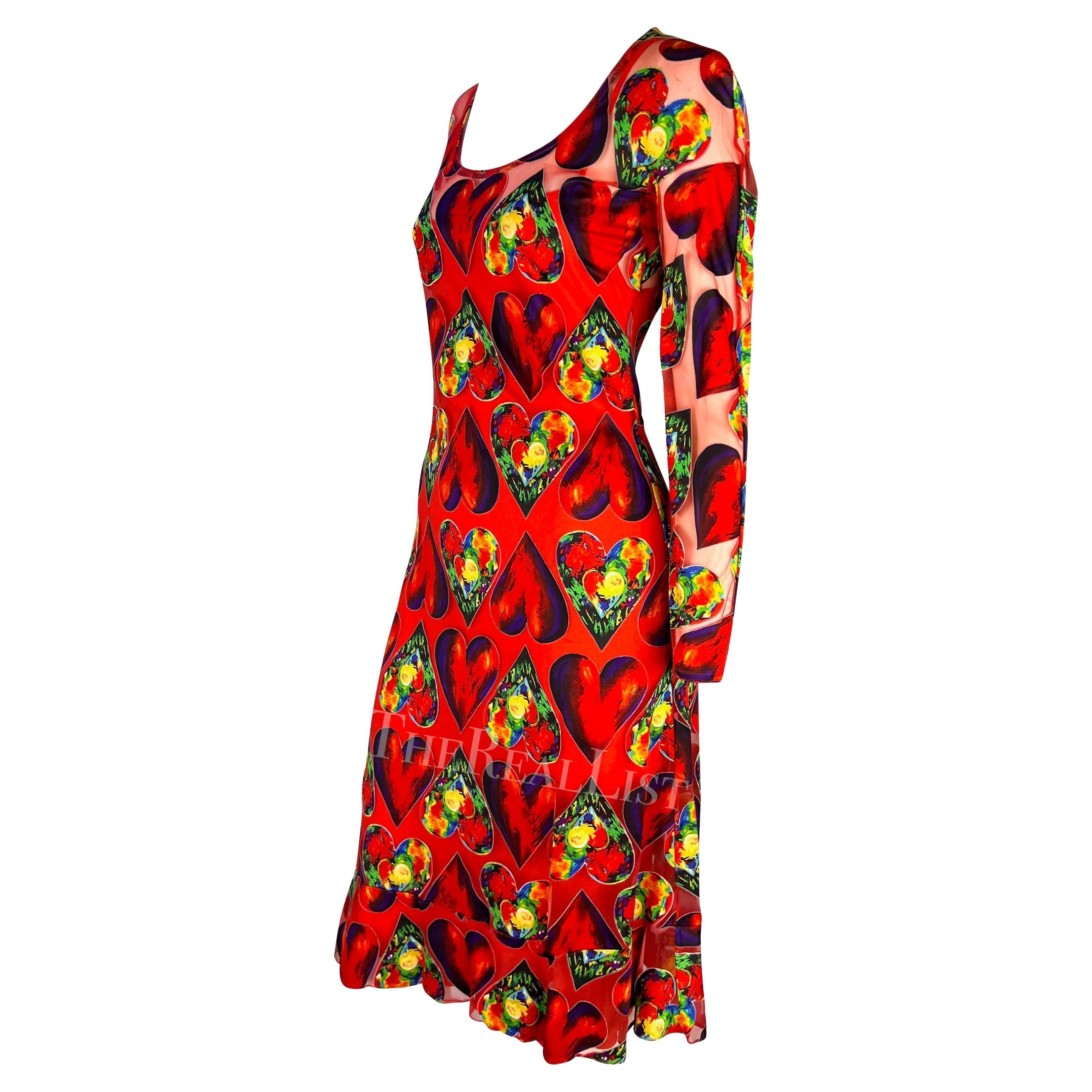 Women's S/S 1997 Gianni Versace Runway Red Sheer Heart Print Bodycon Dress Slip Set For Sale