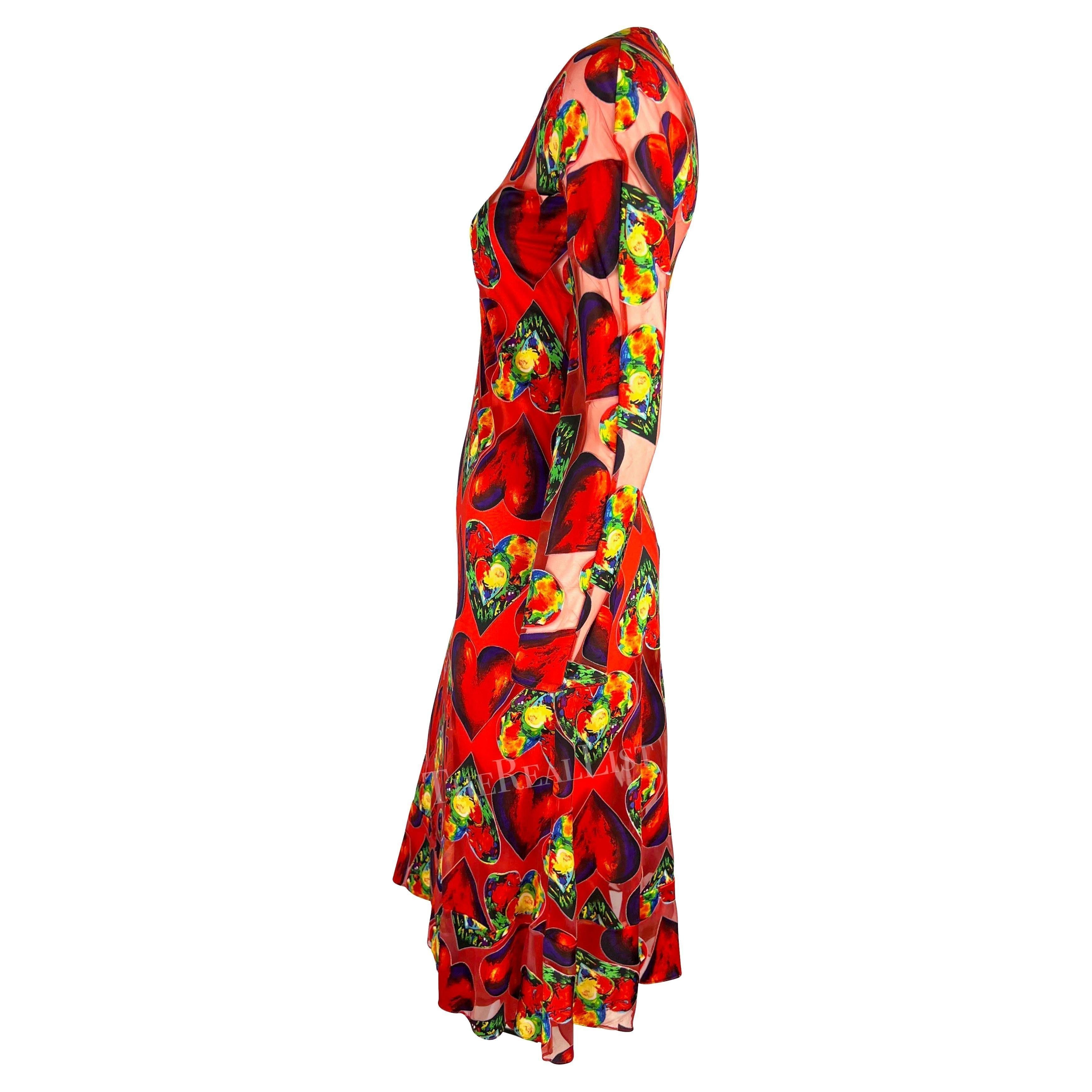 S/S 1997 Gianni Versace Runway Red Sheer Heart Print Bodycon Dress Slip Set For Sale 1