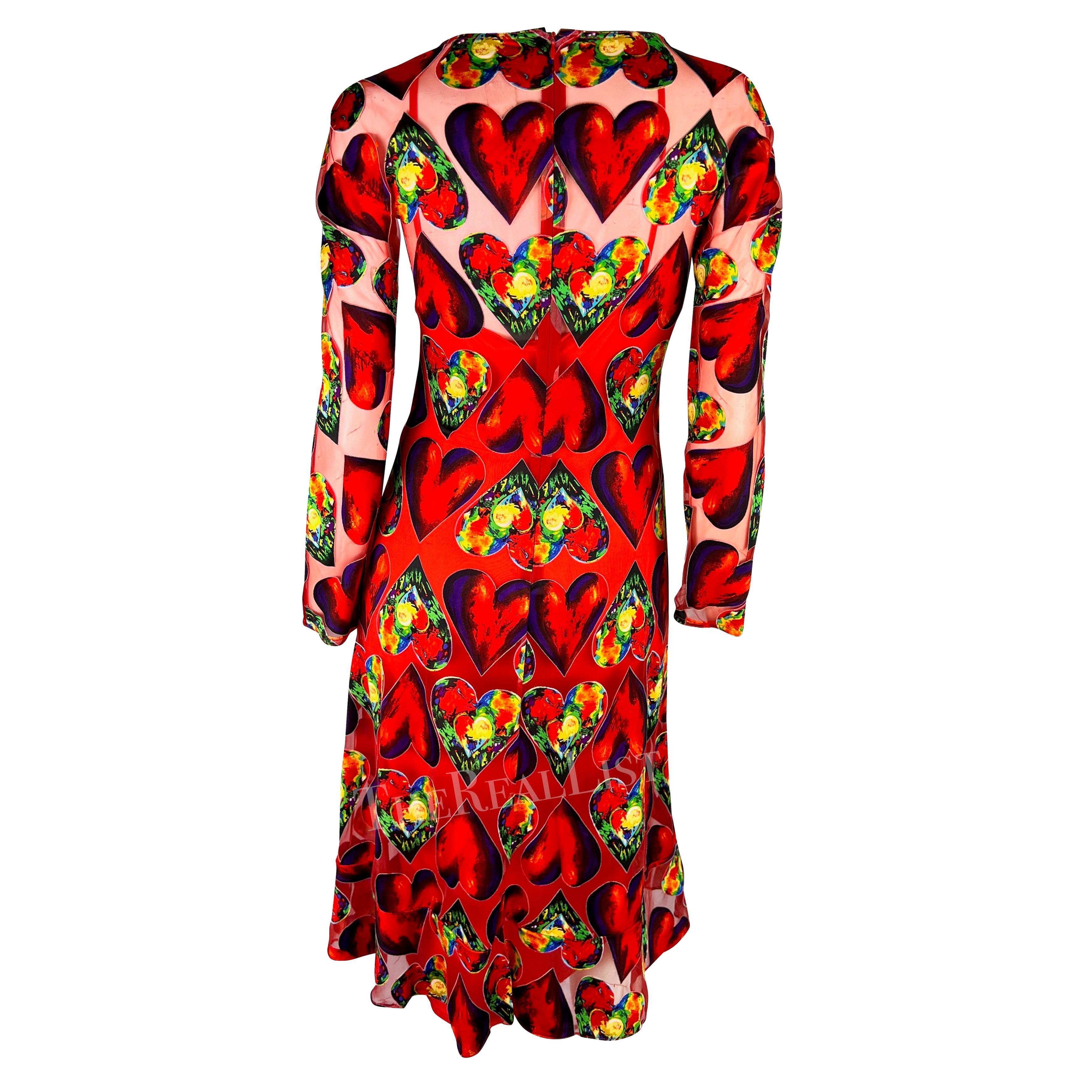 S/S 1997 Gianni Versace Runway Red Sheer Heart Print Bodycon Dress Slip Set For Sale 2
