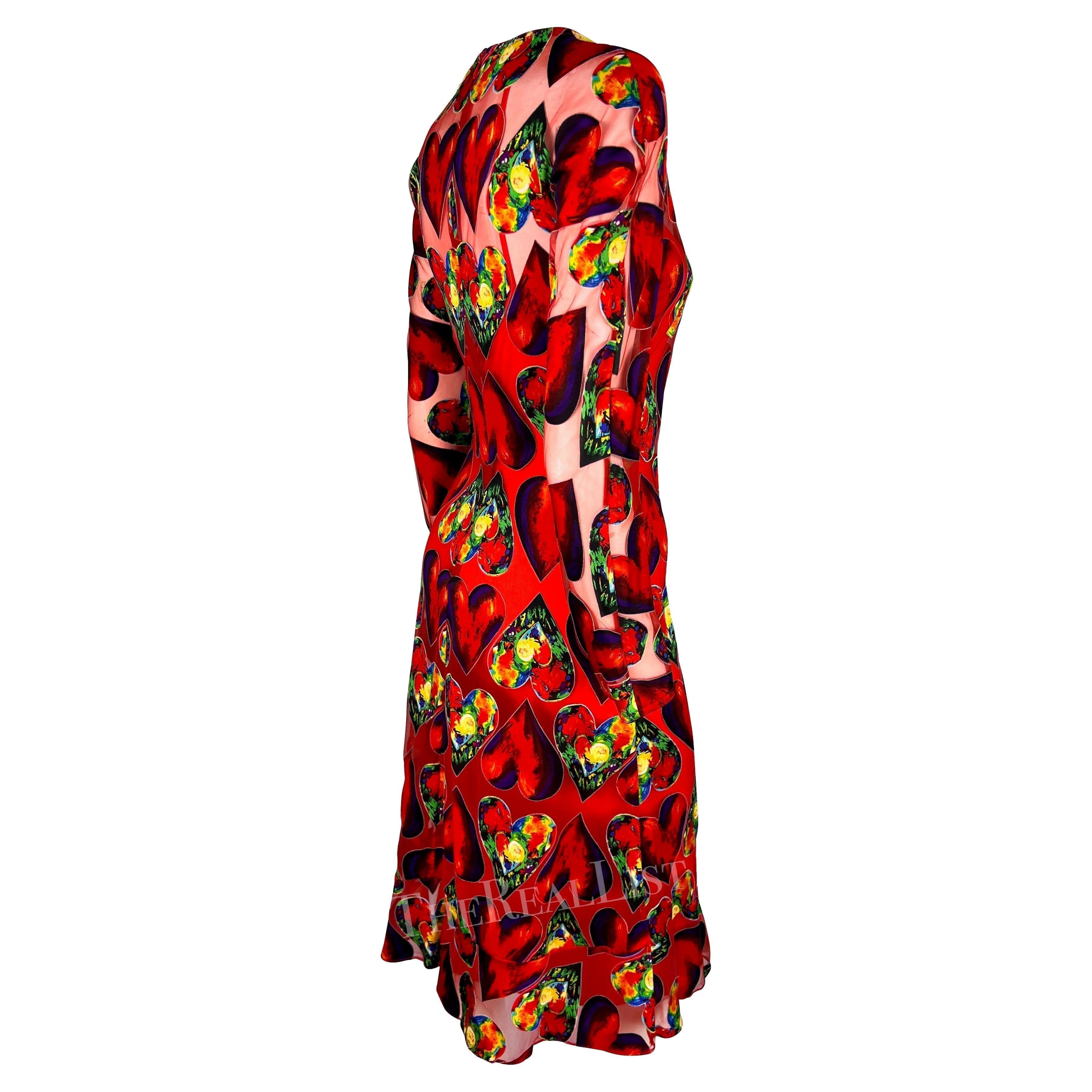 S/S 1997 Gianni Versace Runway Red Sheer Heart Print Bodycon Dress Slip Set For Sale 3