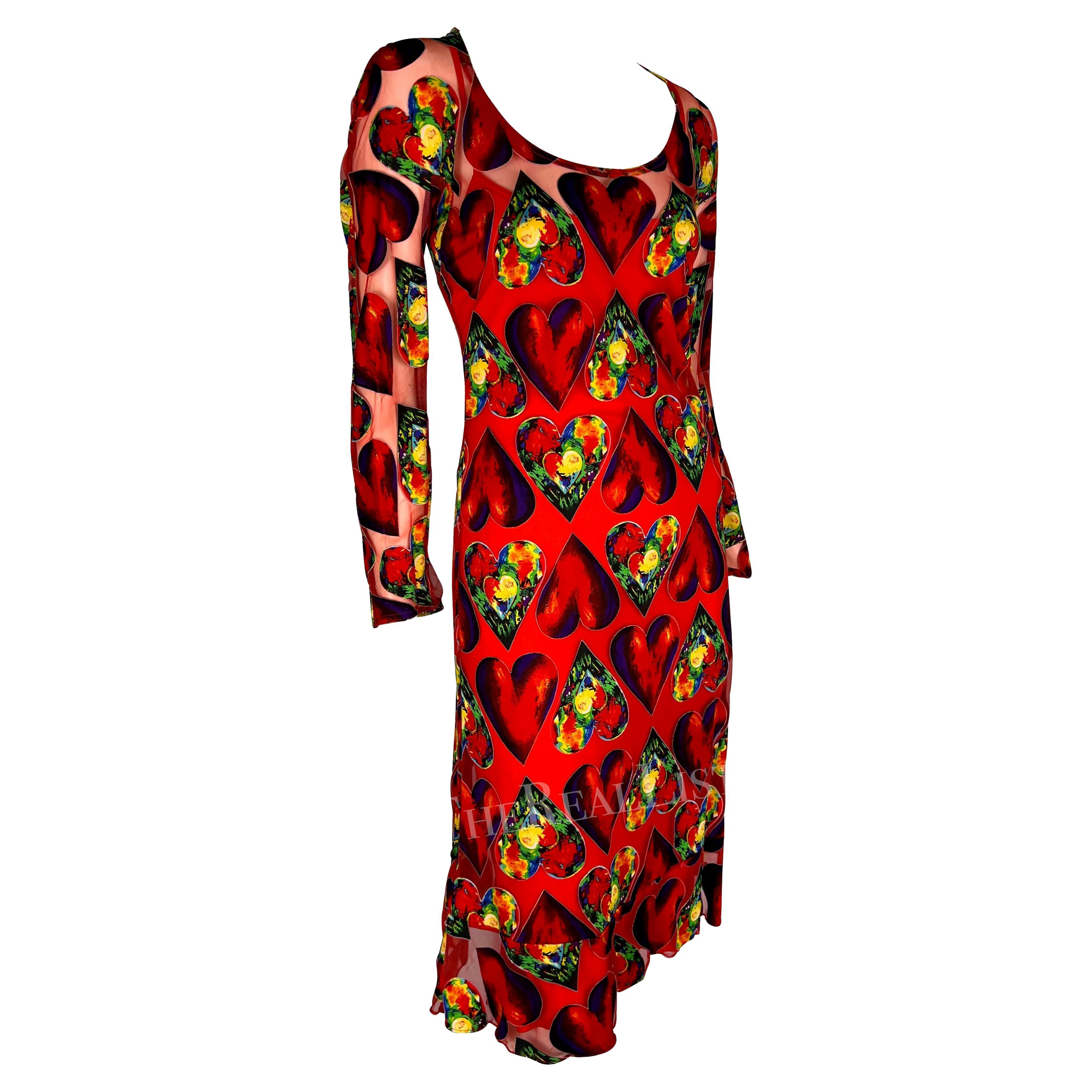 S/S 1997 Gianni Versace Runway Red Sheer Heart Print Bodycon Dress Slip Set For Sale 4