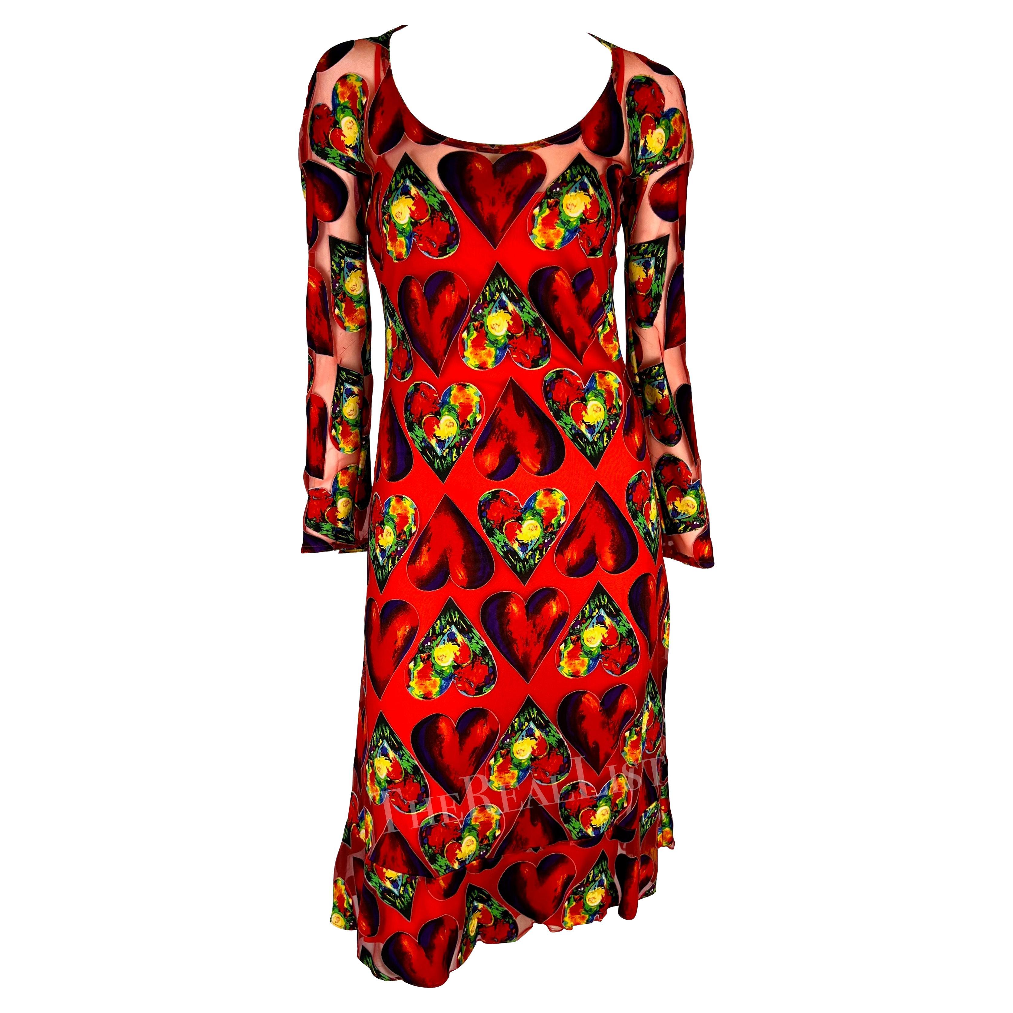 S/S 1997 Gianni Versace Runway Red Sheer Heart Print Bodycon Dress Slip Set For Sale