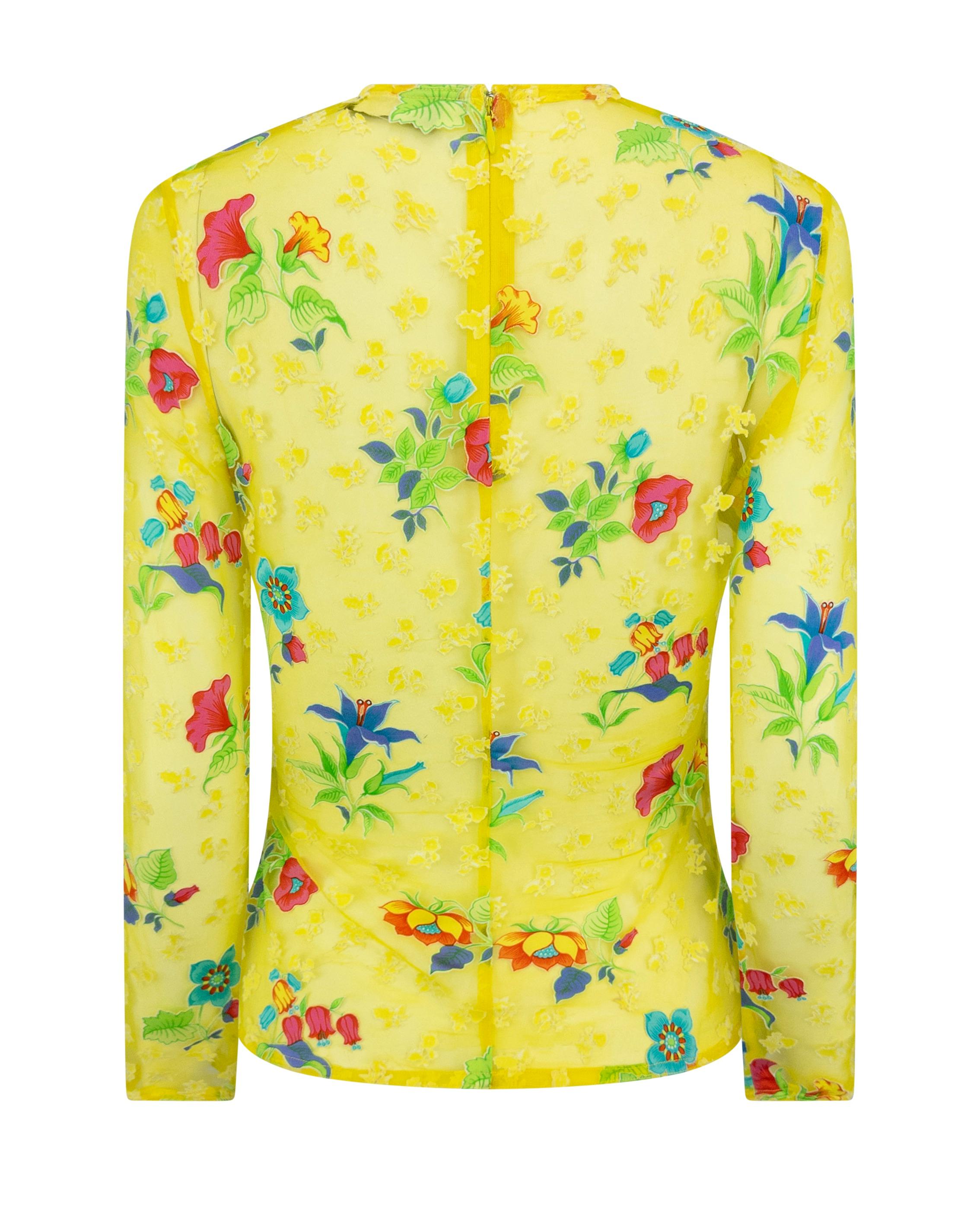 P/E 1997 Gianni Versace - Top a maniche lunghe in maglia gialla brillante e floreale in vendita 1
