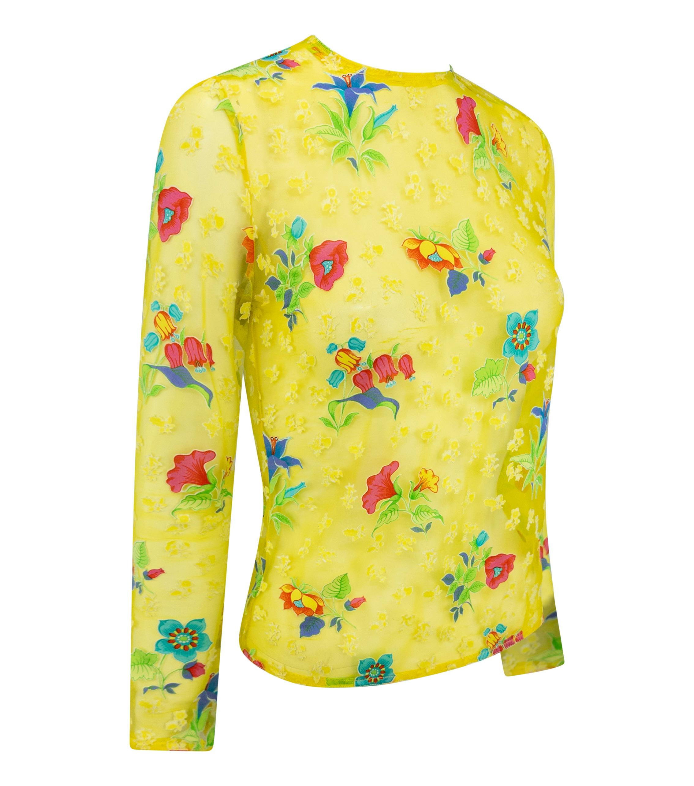 P/E 1997 Gianni Versace - Top a maniche lunghe in maglia gialla brillante e floreale in vendita 3