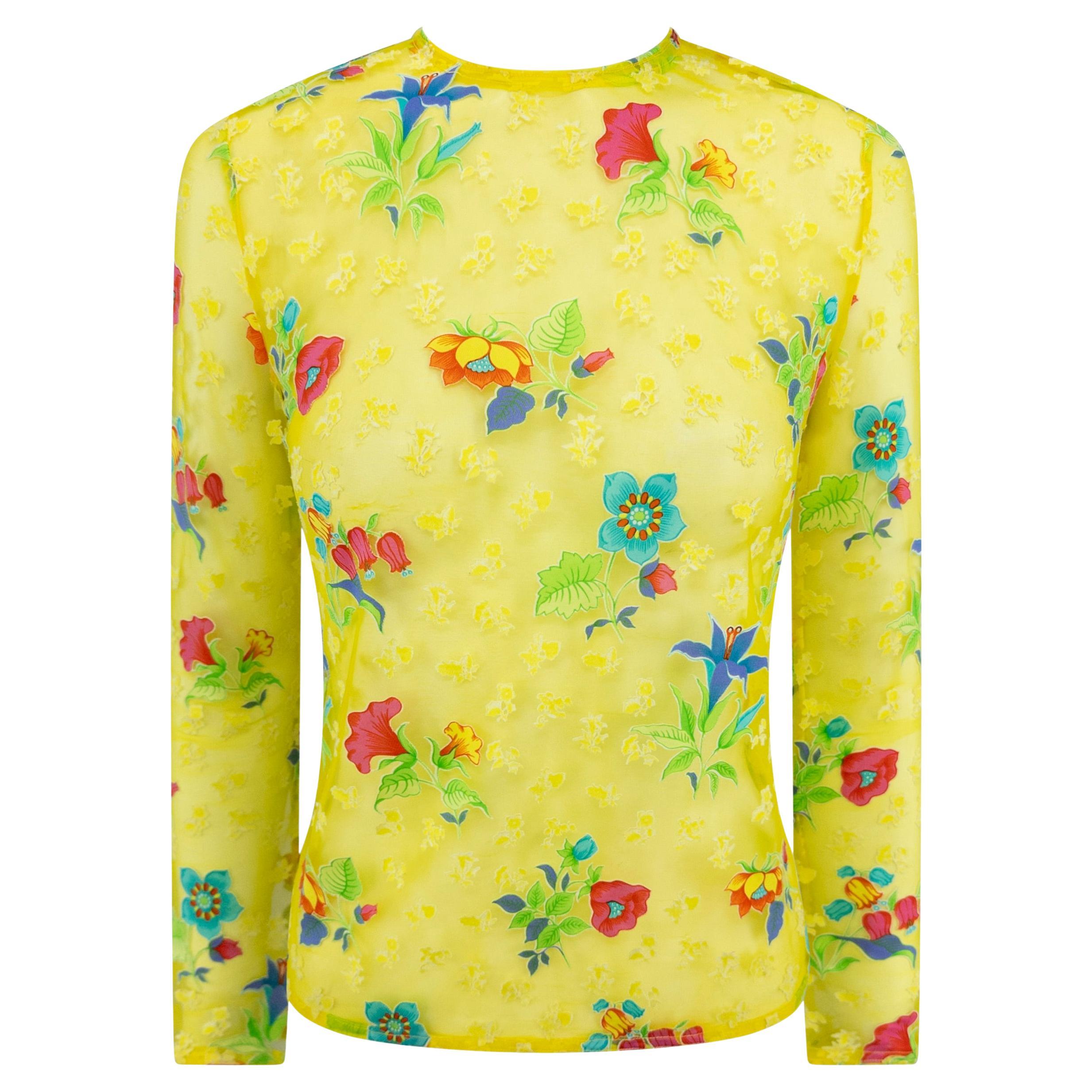 P/E 1997 Gianni Versace - Top a maniche lunghe in maglia gialla brillante e floreale in vendita