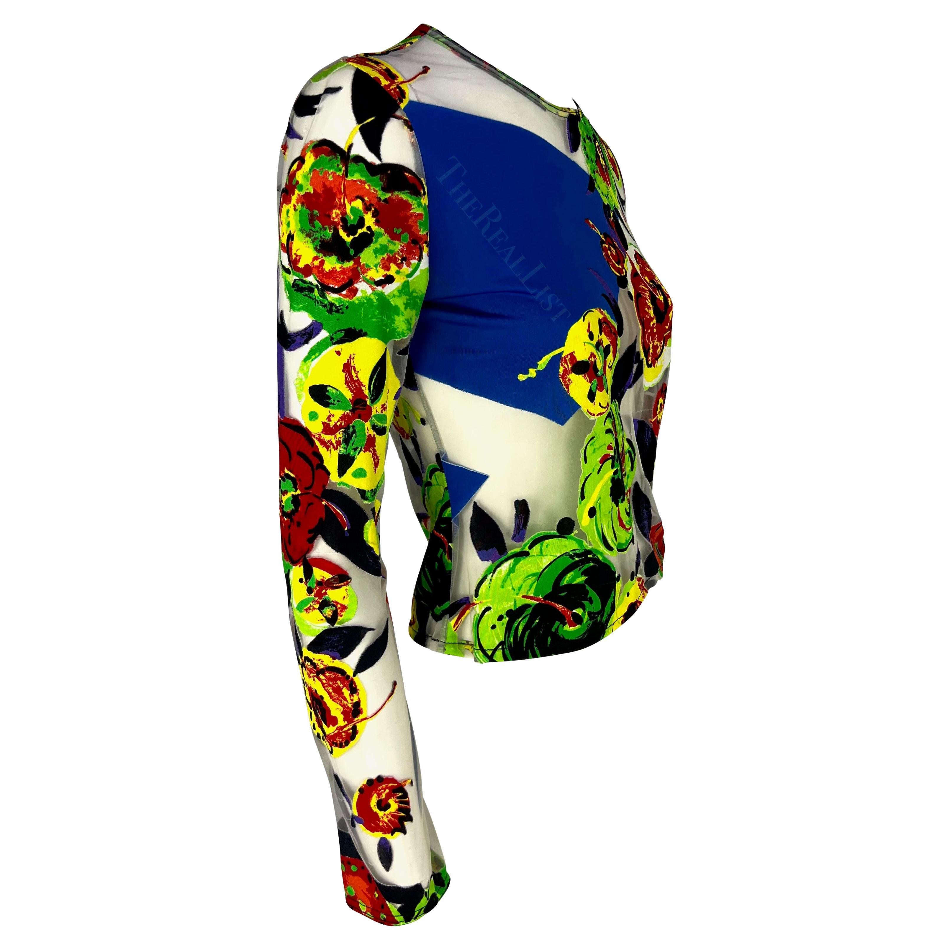 S/S 1997 Gianni Versace Runway Sheer Pop Art Floral Abstract Print Tulle Top For Sale 4