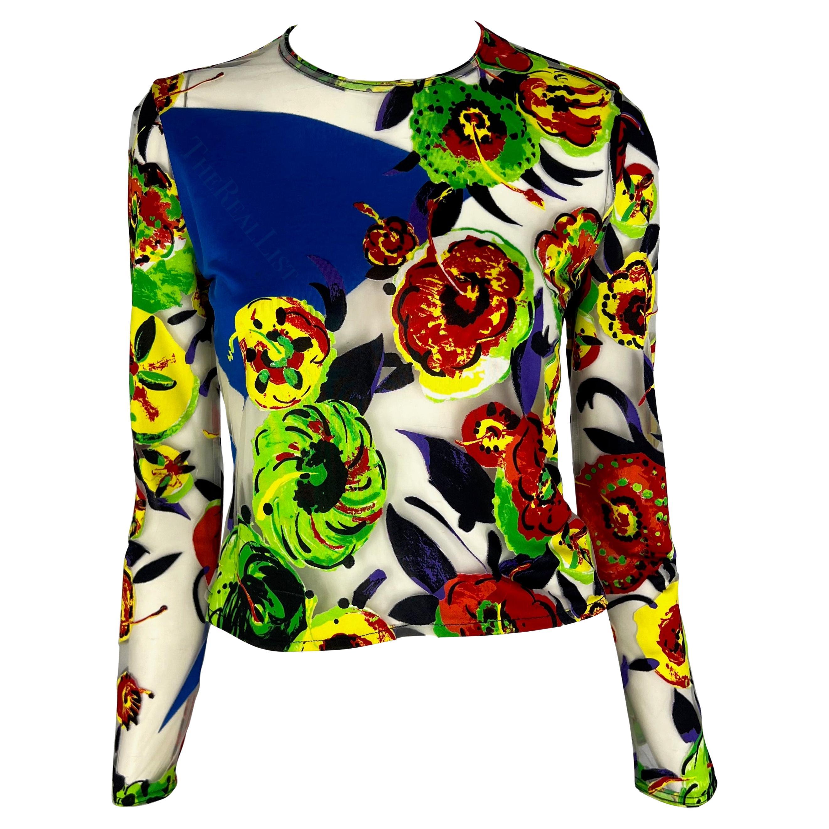 S/S 1997 Gianni Versace Runway Sheer Pop Art Floral Abstract Print Tulle Top For Sale