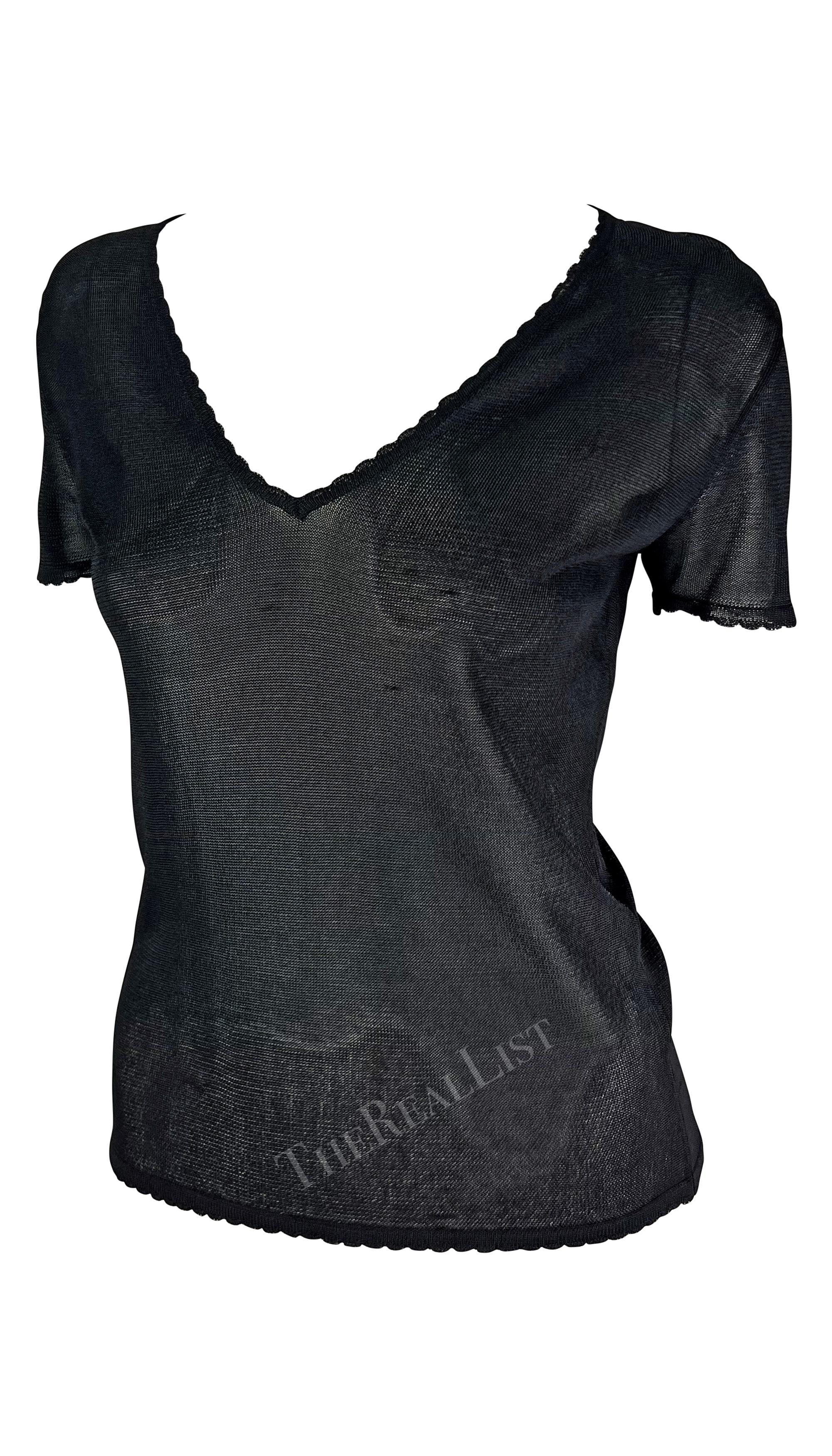 S/S 1997 Gianni Versace Scallop Knit Sheer Viscose V-Neck Black Sweater Top In Excellent Condition For Sale In West Hollywood, CA