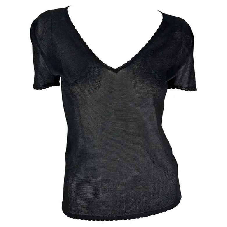 S/S 1997 Gianni Versace Maglia a smerlo in viscosa trasparente con scollo a V nero