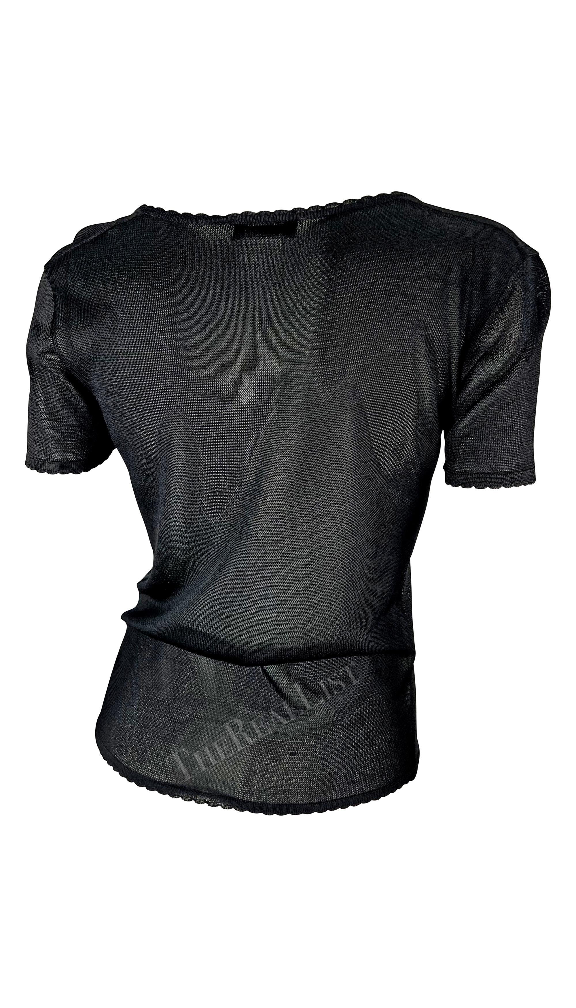 S/S 1997 Gianni Versace Scallop Knit Sheer Viscose V-Neck Black Sweater Top en venta 1