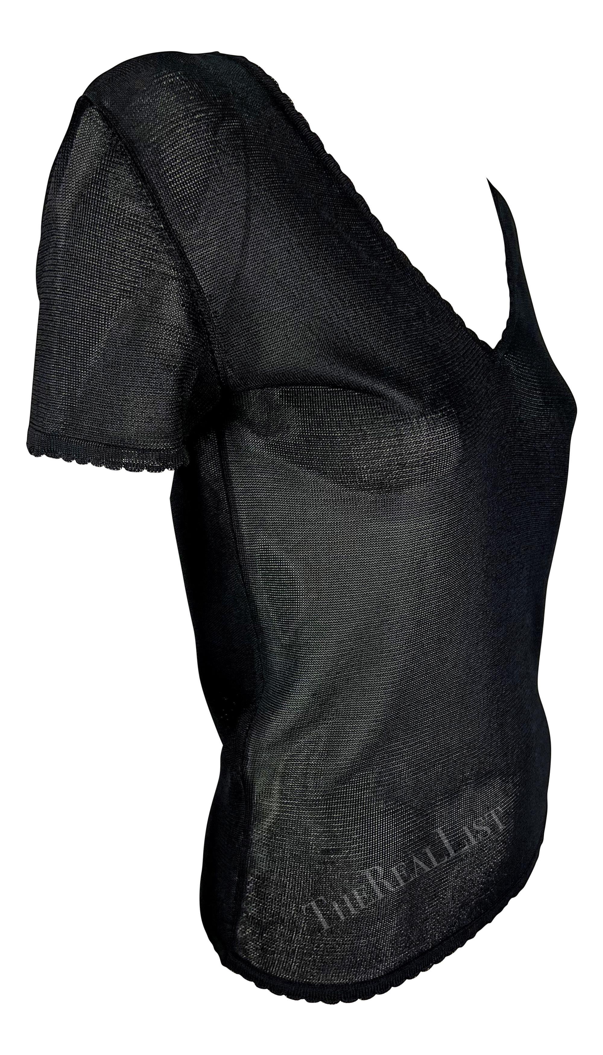 S/S 1997 Gianni Versace Scallop Knit Sheer Viscose V-Neck Black Sweater Top en venta 2