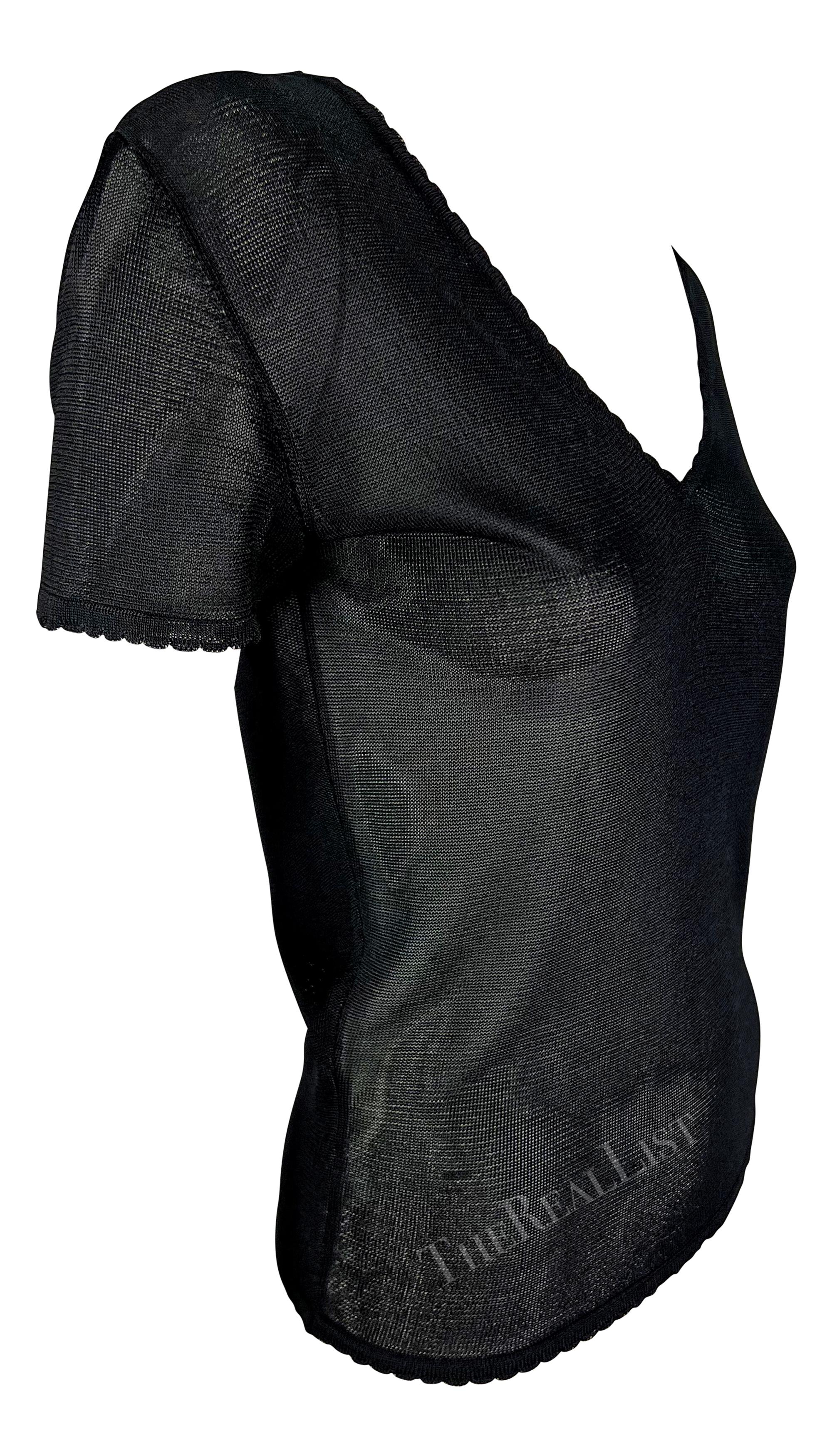 S/S 1997 Gianni Versace - Pull à col en V en viscose transparente festonnée - Noir en vente 3