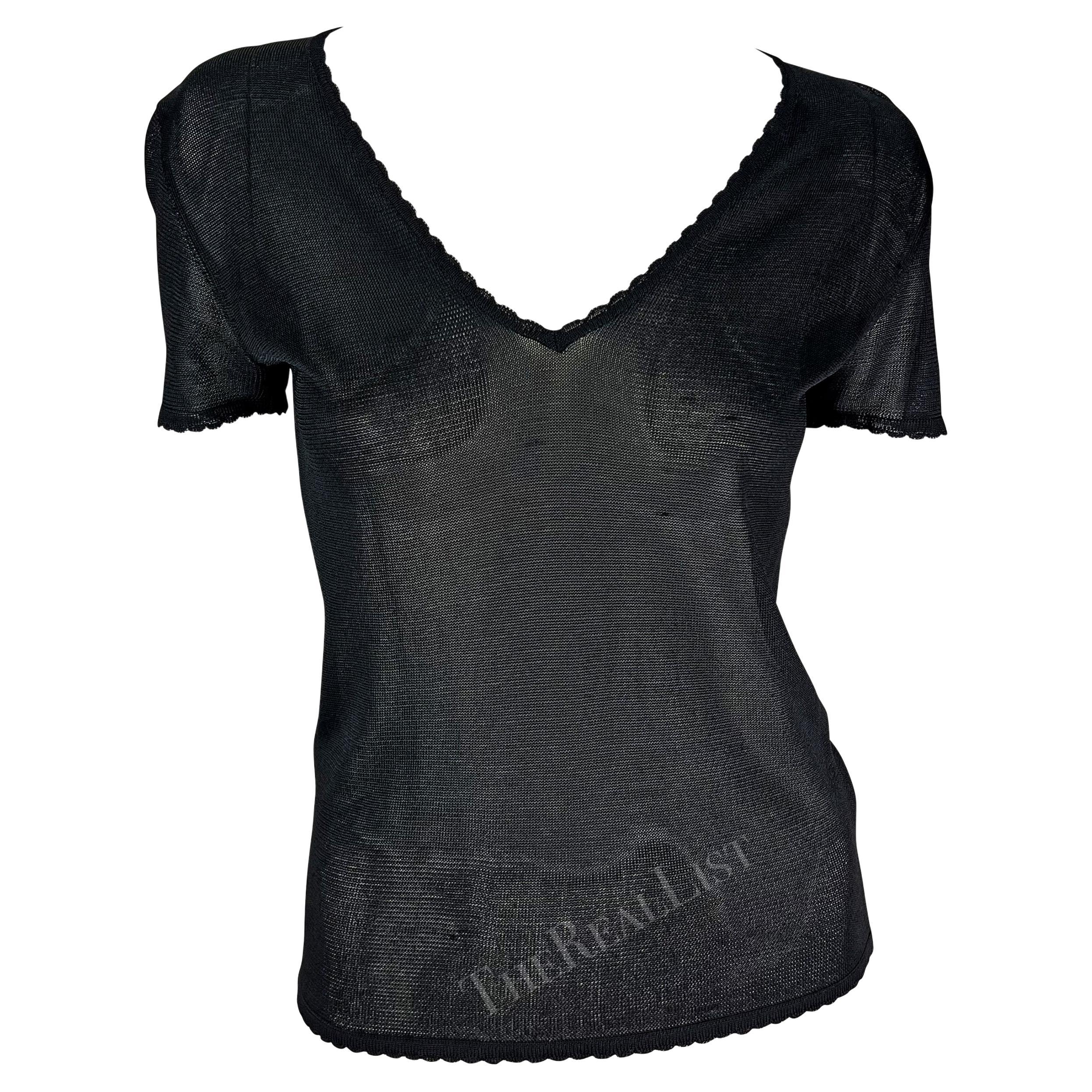 S/S 1997 Gianni Versace Scallop Knit Sheer Viscose V-Neck Black Sweater Top For Sale