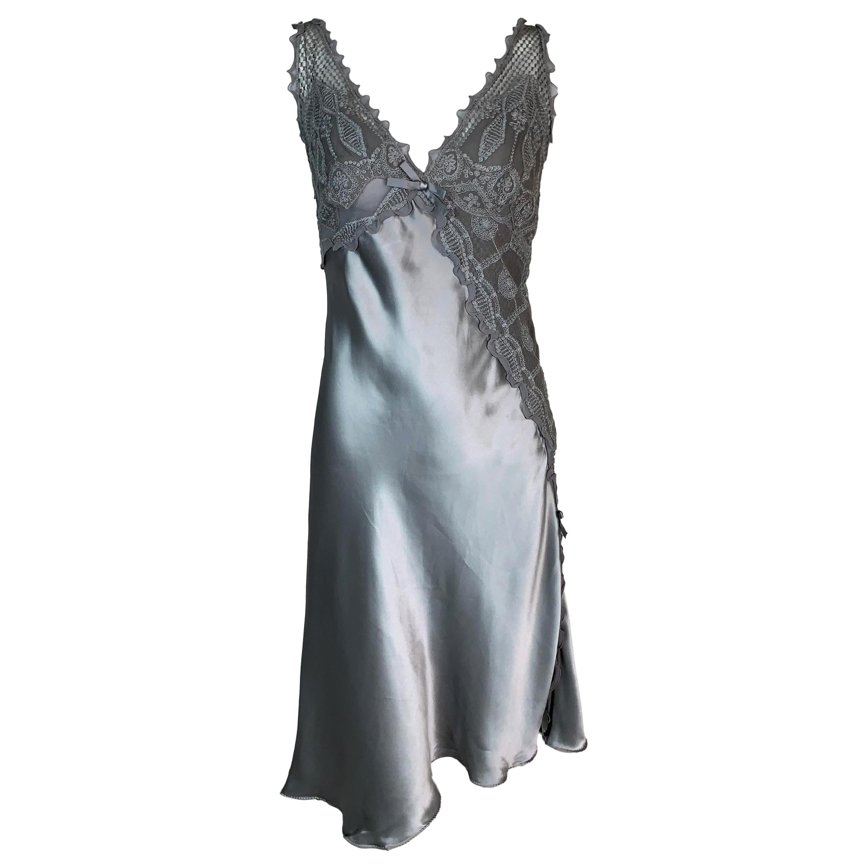 S/S 1997 Gianni Versace Silver Lace & Silk V-Neck Slip Dress