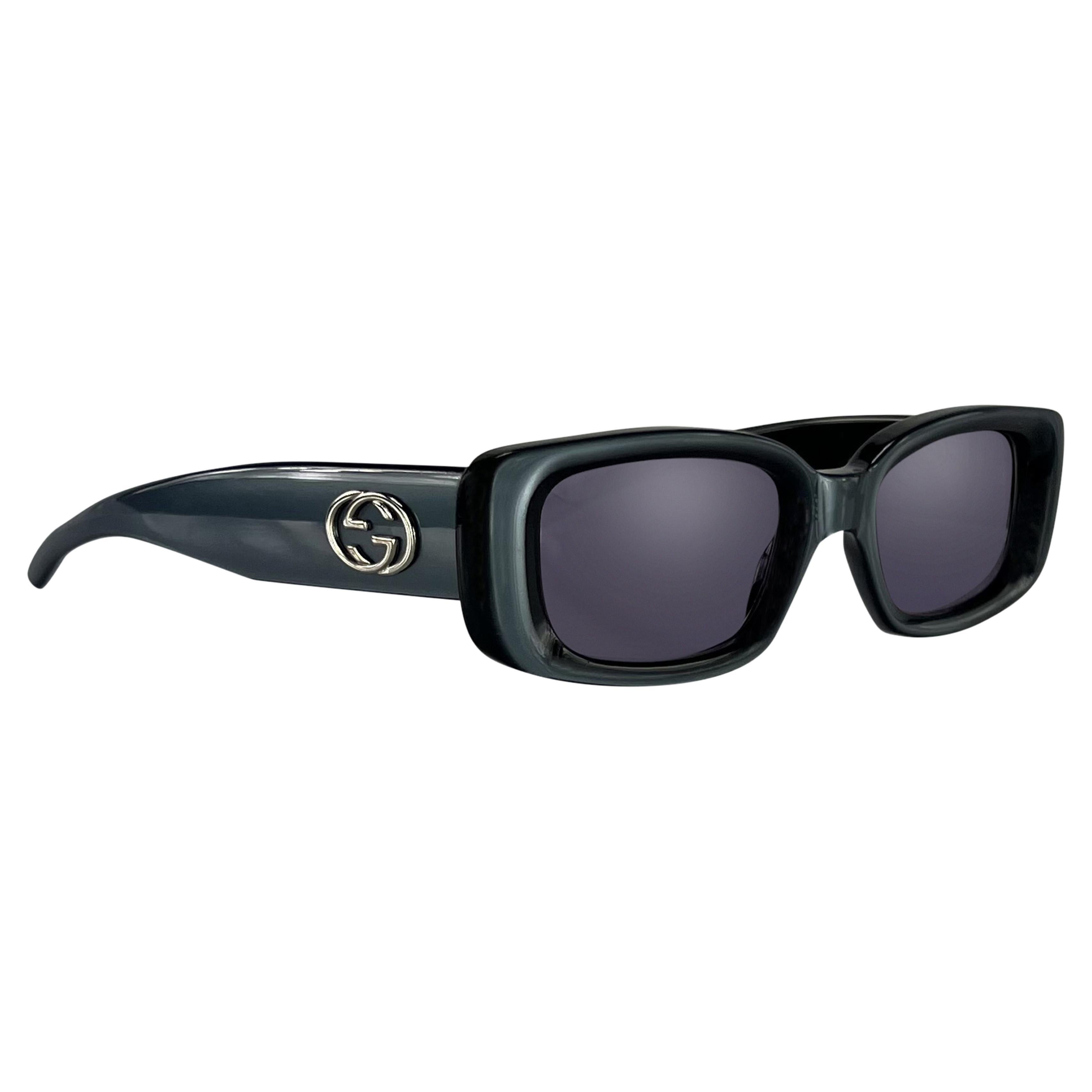 S/S 1997 Gucci by Tom Ford Ad Blue Metallic GG Logo Rectangular Sunglasses For Sale