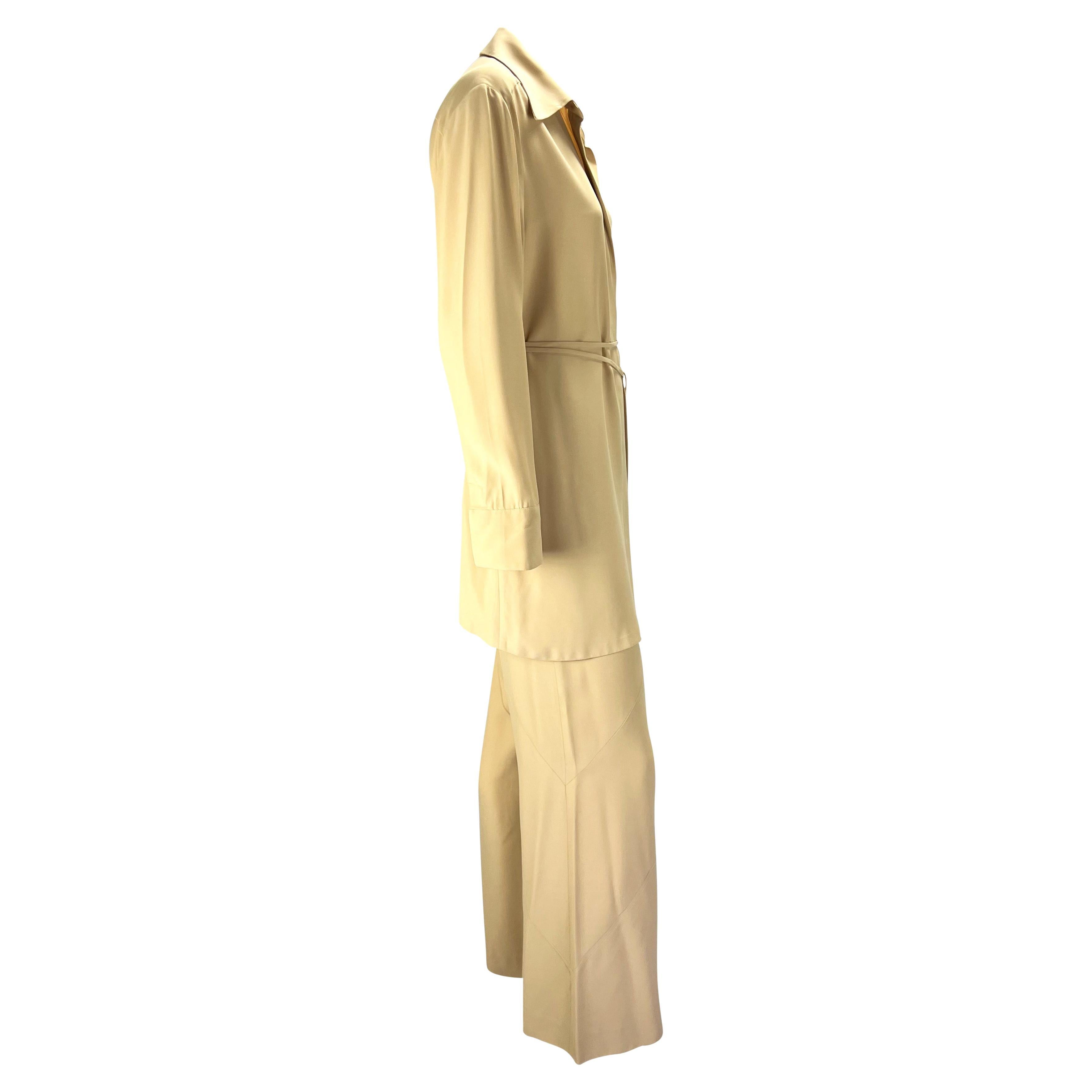 S/S 1997 Gucci by Tom Ford Beige Asymmetric Panel Wide Leg Belted Pantsuit In Good Condition For Sale In West Hollywood, CA