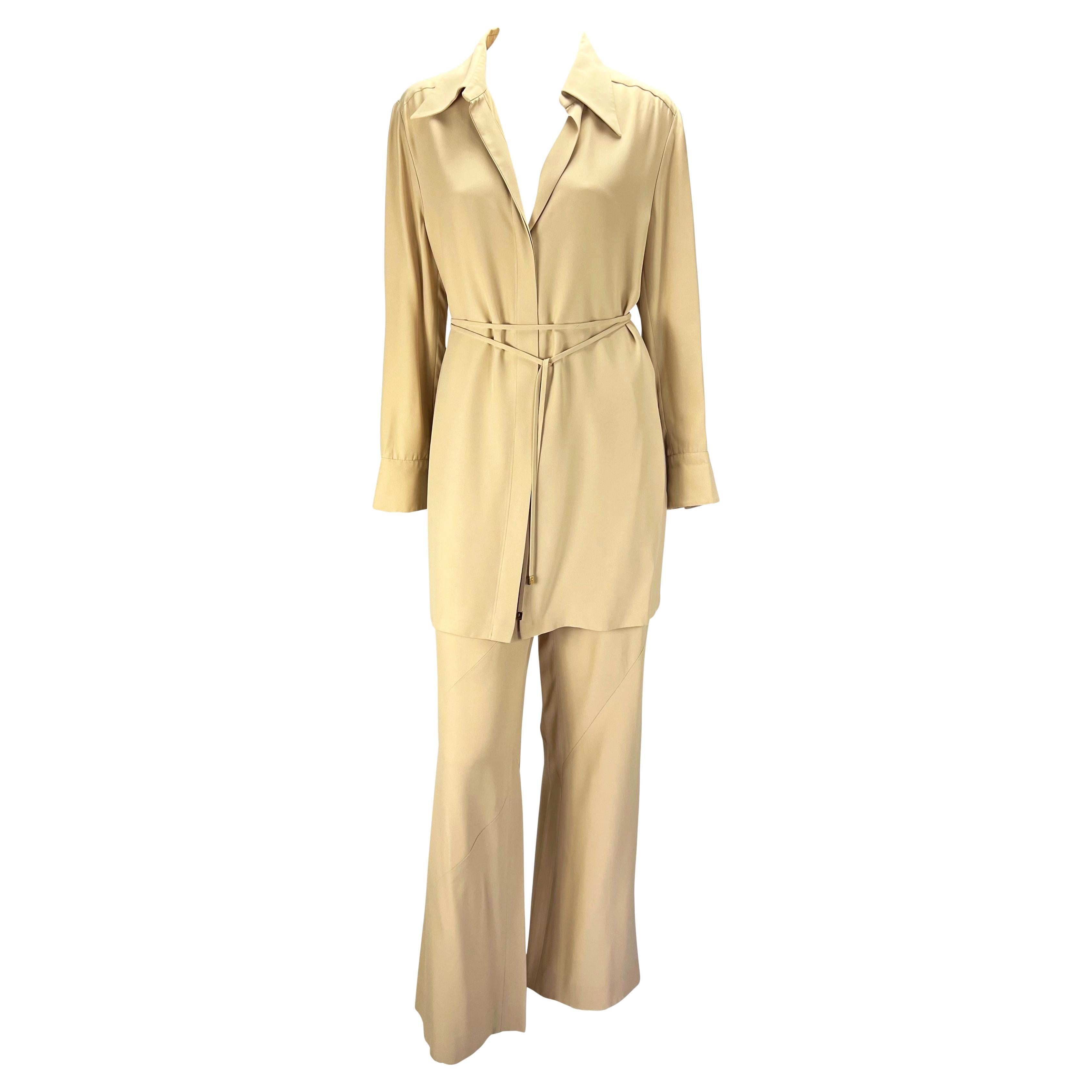 S/S 1997 Gucci by Tom Ford Beige Asymmetric Panel Wide Leg Belted Pantsuit  For Sale